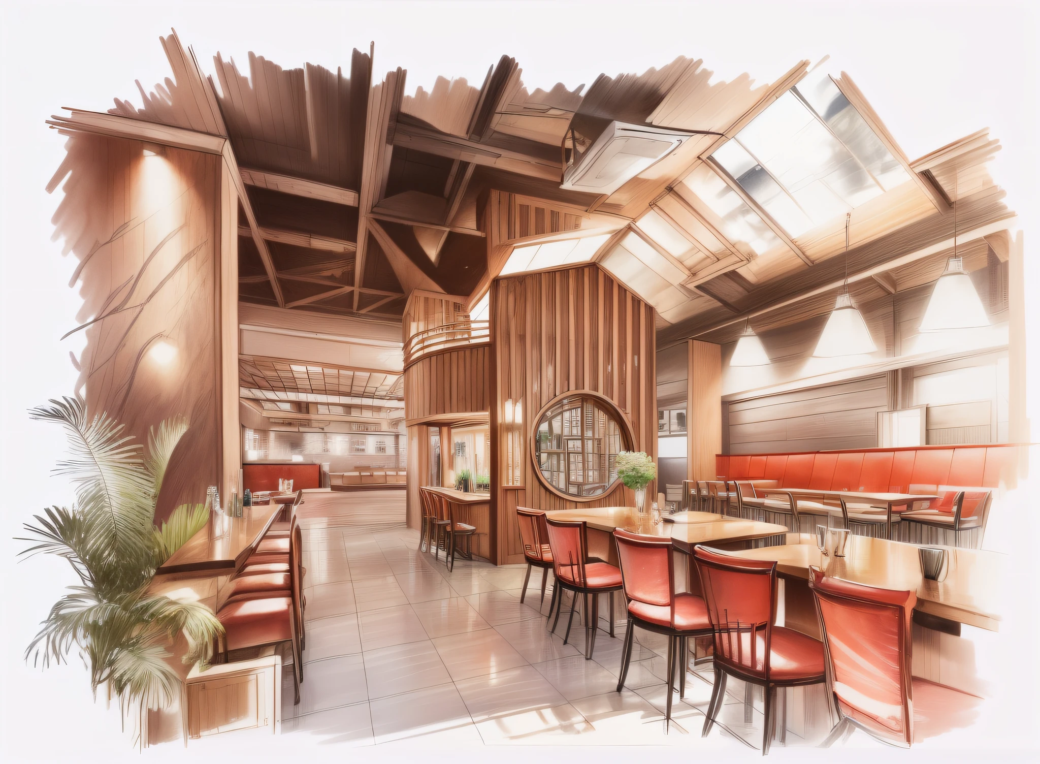 Sketch of a dining room with wooden tables and chairs, author：Jeka Kemp, detailed renderings, A digital rendering, an illustration of a bar/lounge room, author：Naondo Nakamura, author：Adam Manyoki, conceptual rendering。Red sofa and red walls。