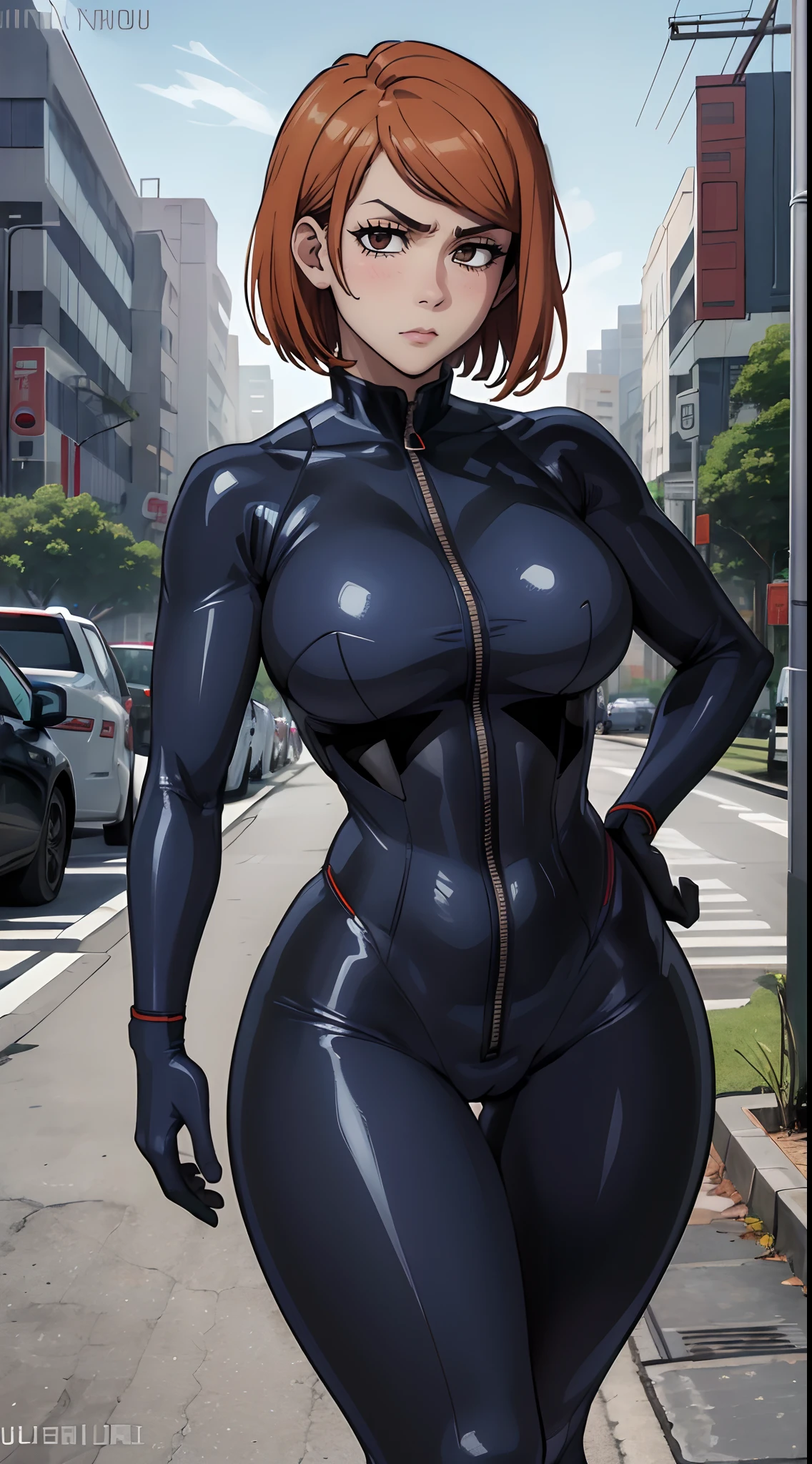 (melhor qualidade:1.3), (qualidade 4K), Nobara Kugisaki by jujutsu no kaisen, ((detailed face)), ((curvy body)), (peitos grandes), sexy, (( cut hair)), ((body suit clivagem)), ((city))