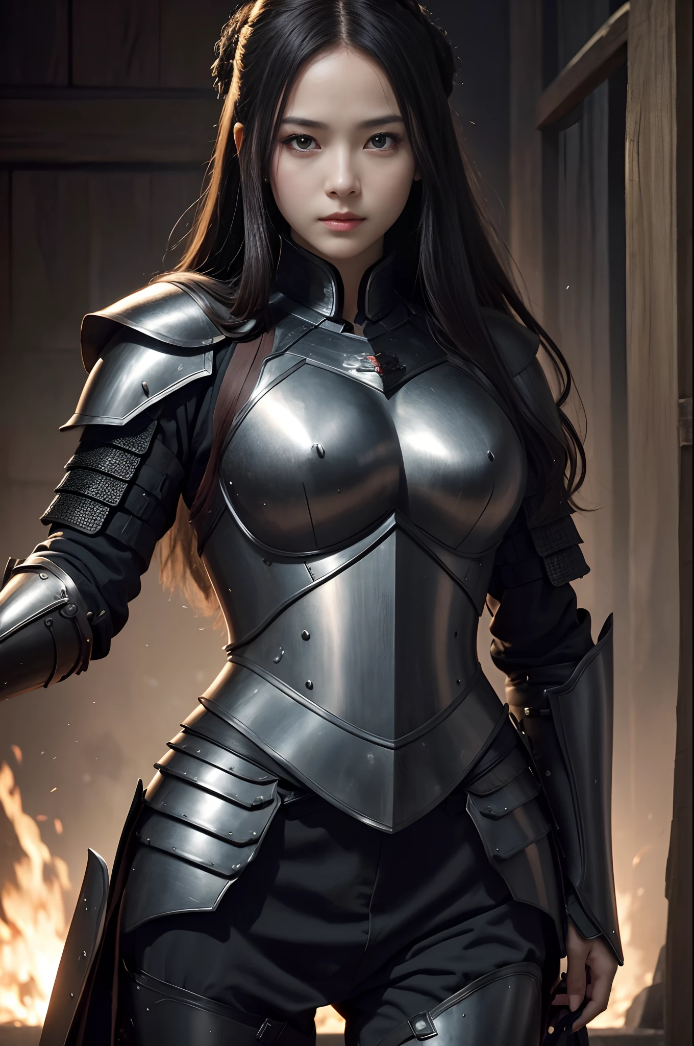 A woman in armor holding a sword and a sword - SeaArt AI