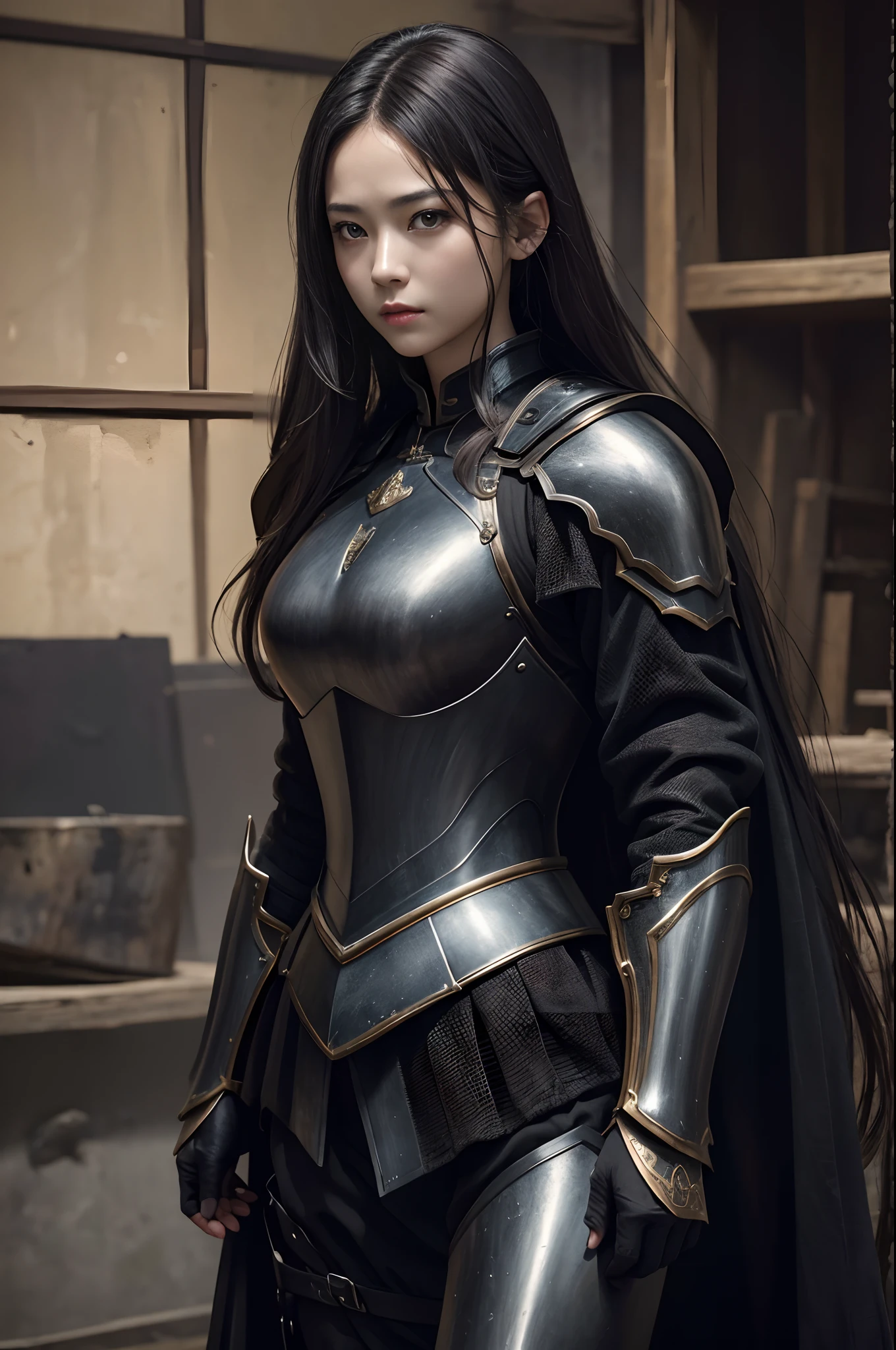 8K,超A high resolution,((Top image quality))、((masterpiece))、(High Detail:1.3)、Woman in black armor、length hair。More about chest armor、Wartime scenes of armor damage