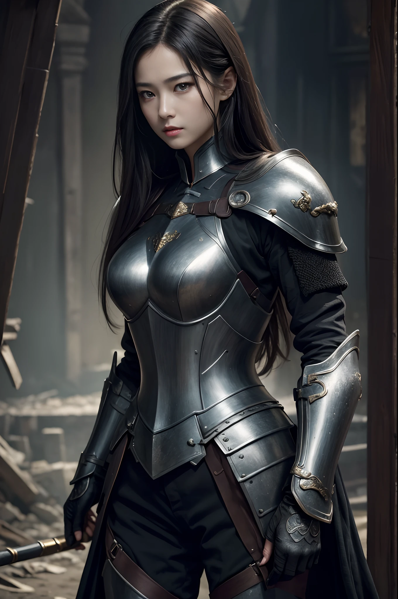 8K,超A high resolution,((Top image quality))、((masterpiece))、(High Detail:1.3)、Woman in black armor、length hair。More about chest armor、Wartime scenes of armor damage