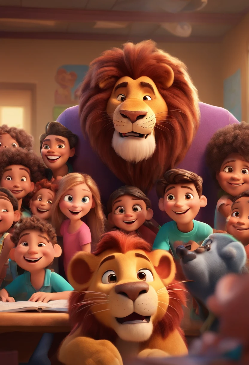 Create a Disney PIXAR-style 3D poster. Happy Daren Lion wearing a black t-shirt in a classroom with happy children.