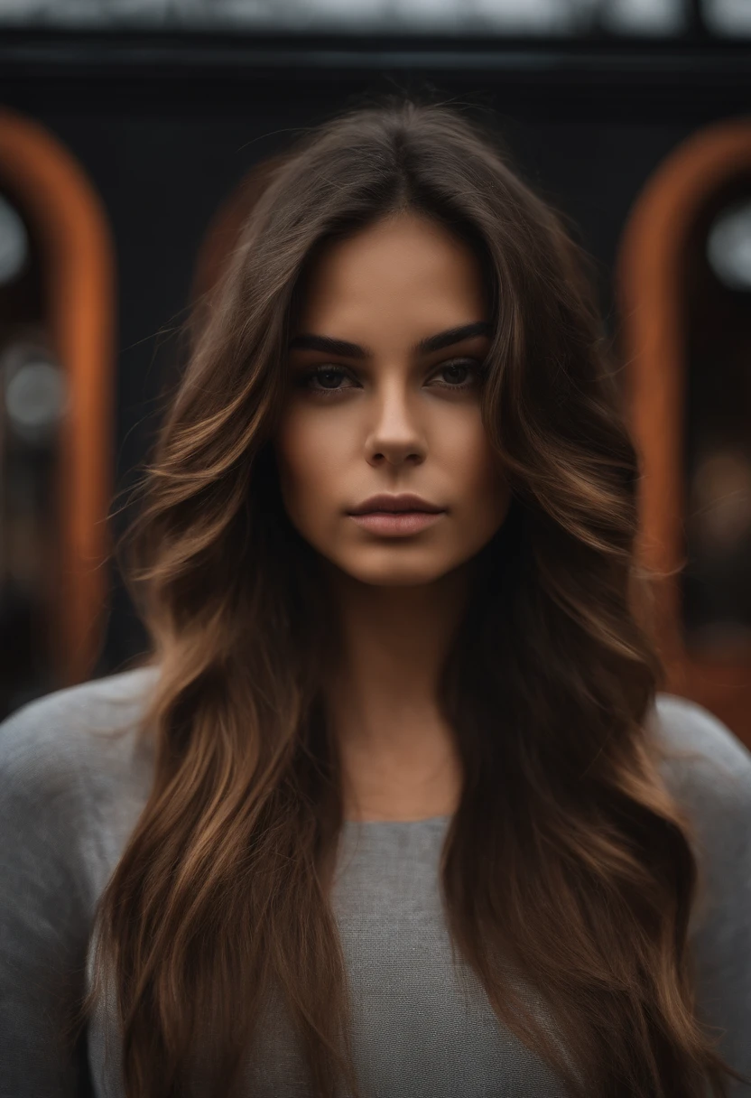 Natural photography of a girl, Hispanic, porter un crop top ample, regarde de face, longs cheveux raides brun clair, locks eyes in the camera, eyes symmetrical, symmetrical face, photoreallistic, photographie, Path layout, specular lighting, Volumetric facial light, Hair path, Ombres visibles, complexe, elaborate, Contexte du street art