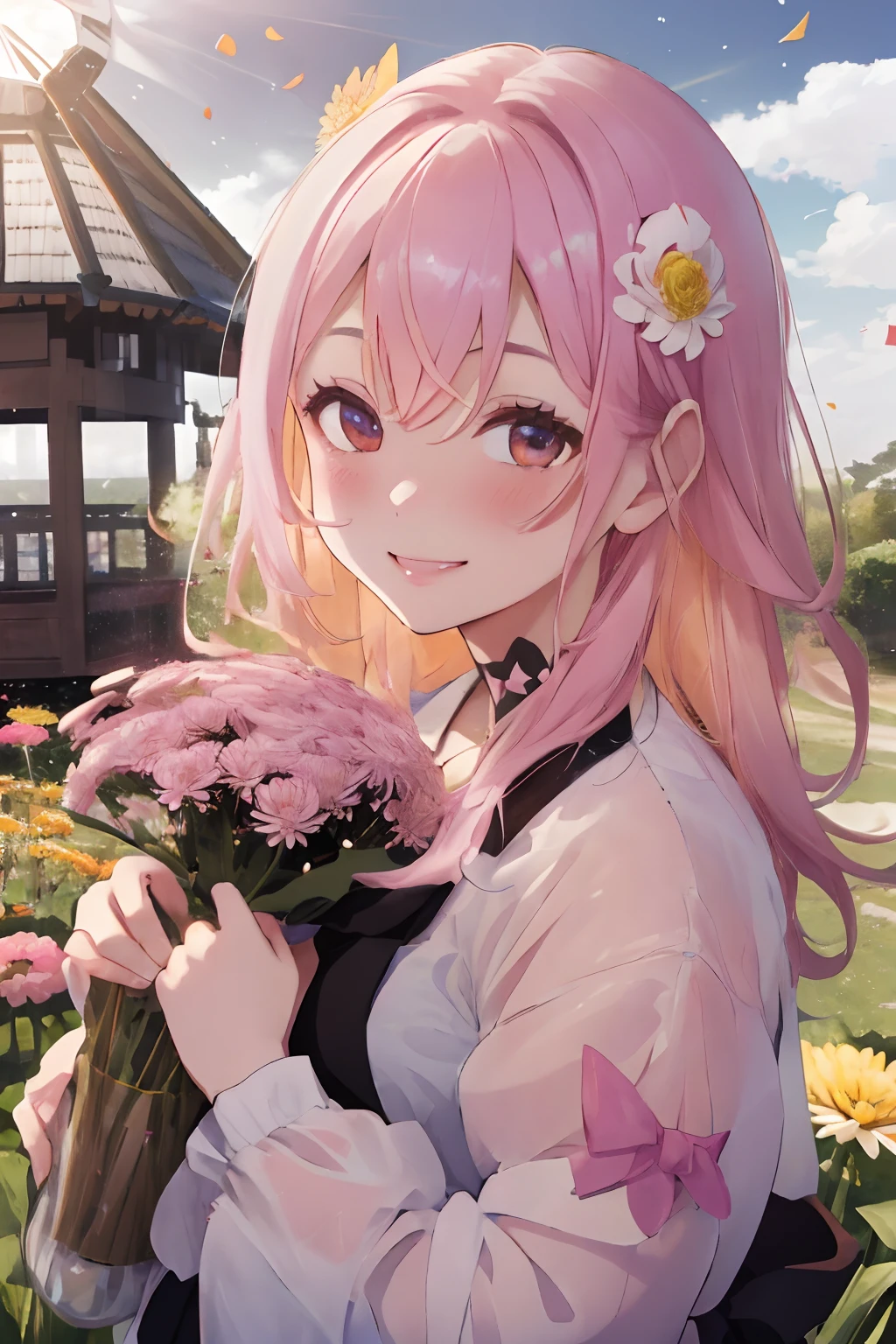 Chrysanthemum garden,Confetti,Little Birds and Butterflies々Jumping around,You can see a windmill in the distance,Sunrise sky bathed in sunlight,fluffy hair,the eyes are orange,white, Pink, Light blue, yellow, Navy blue, and brown,AHE Face,red tide,Pleasant look,A smile,Holding chrysanthemum flowers in your hands,He's holding out his hand to me,Facing each other and rubbing my body against the man,Hugging each other,