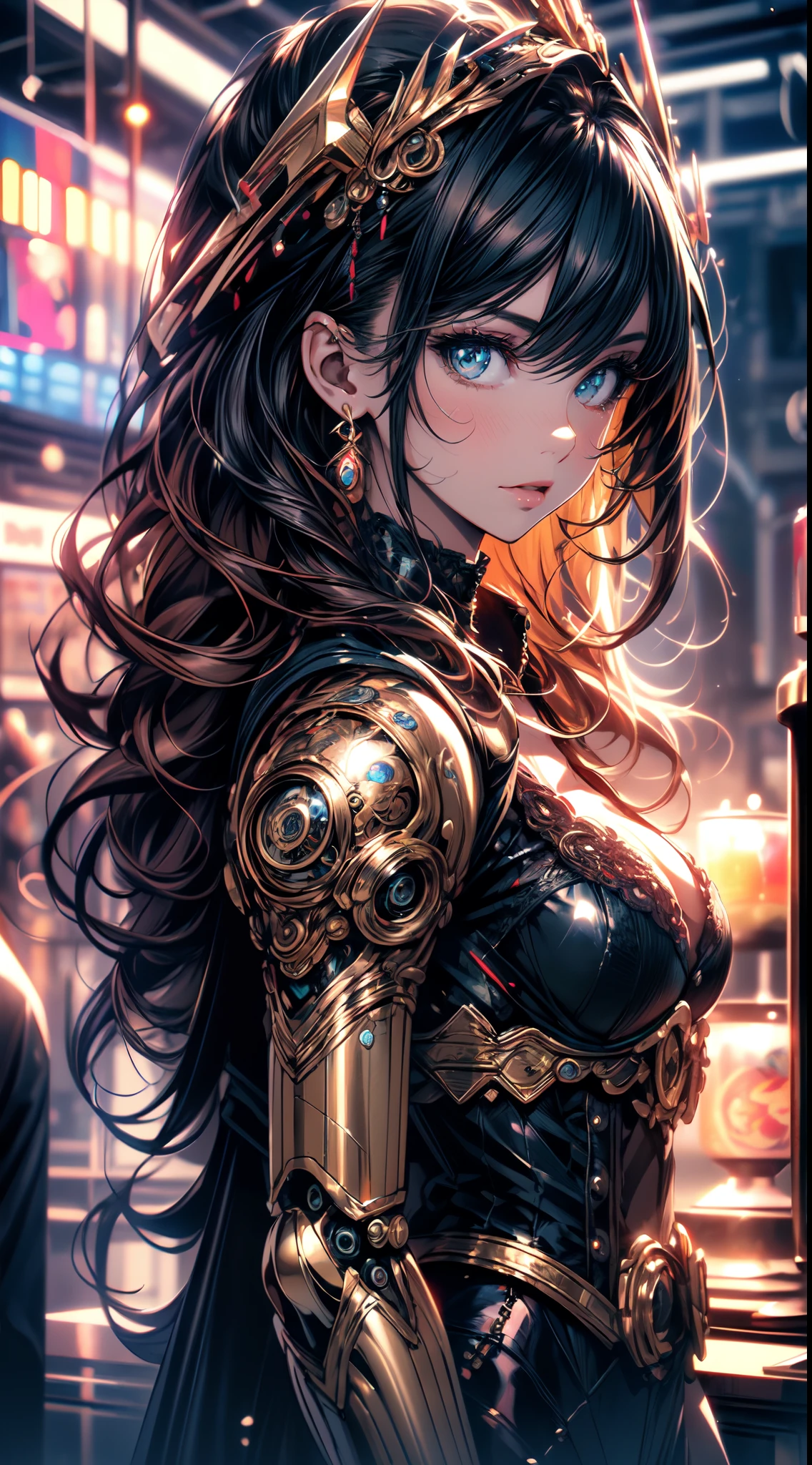 Portrait of a steampunk robot woman,intricately detailed,metallic textures,mechanical gears,exquisite craftsmanship,gorgeous Victorian fashion,captivatingly realistic eyes and facial features,long,flowing hair,golden highlights,elaborate headgear with clockwork mechanisms,impressive sense of depth,artistic shading,subtle highlights and shadows,(best quality,4k,8k,highres,masterpiece:1.2),ultra-detailed,(realistic,photorealistic,photo-realistic:1.37),HDR,UHD,studio lighting,ultra-fine painting,sharp focus,physically-based rendering,extreme detail description,professional,vivid colors,bokeh,steampunk,robot,feminine,retro-futuristic,vintage,mechanical,industrial,ornate,clockwork,machinery,sci-fi,fantasy,portrait,artstation hq,octane render,unreal engine 4,mdjrny-v4 style,steampunk aesthetic, intricate details, digital lighting, sunset gradient