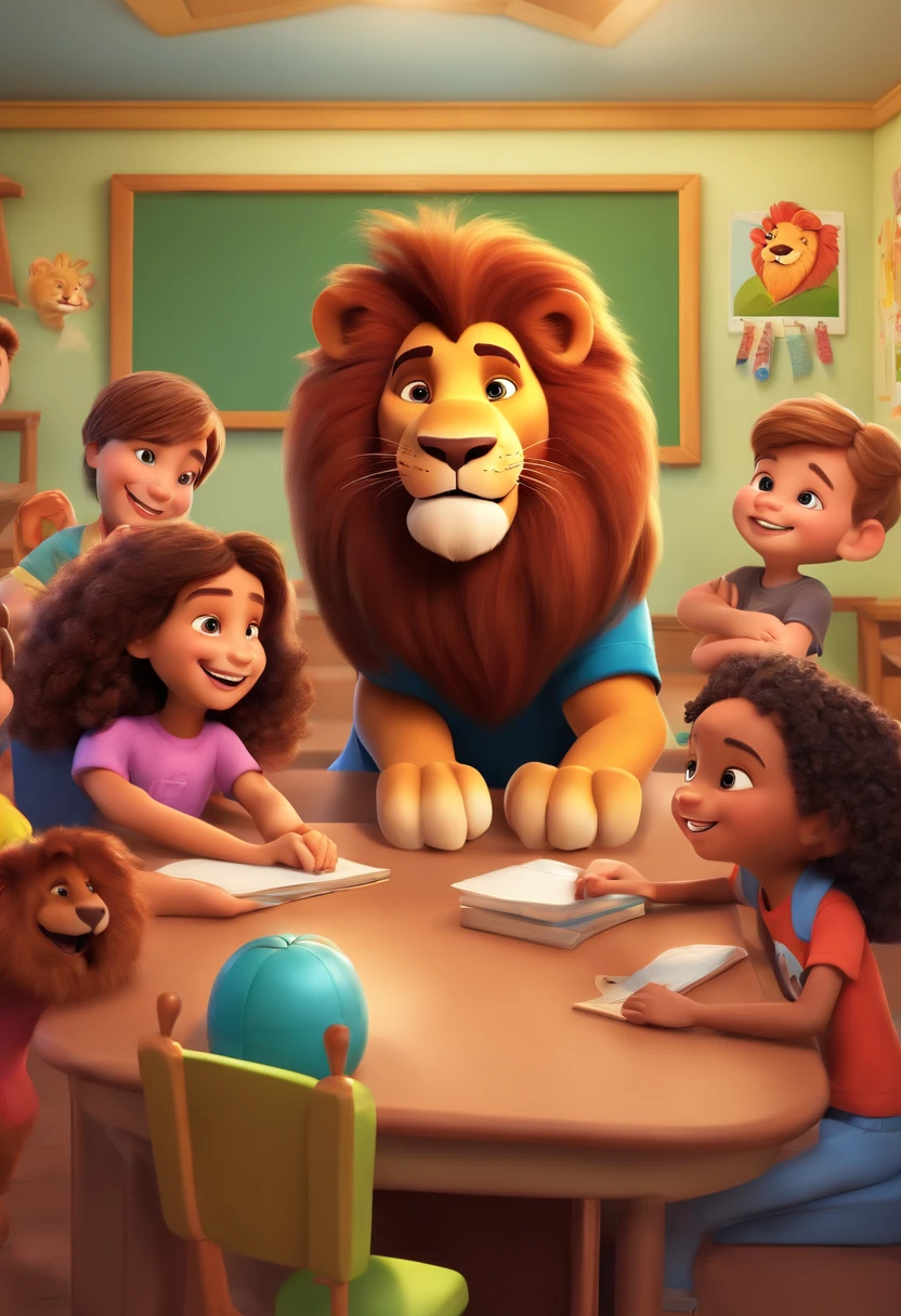 Create a Disney PIXAR-style 3D poster. Happy Daren Lion wearing a black t-shirt in a classroom with happy children.