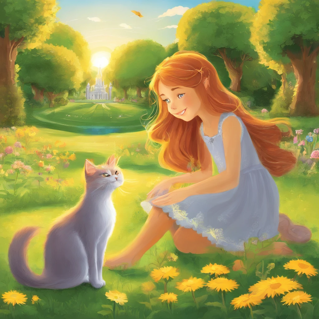 A 10-year-old chestnut-haired girl and a light gray cat are basking in the sun on the lawn of a sun-drenched park Fantastic and happy feeling The overall design is classical and the color is strong yellow Picture book illustrations