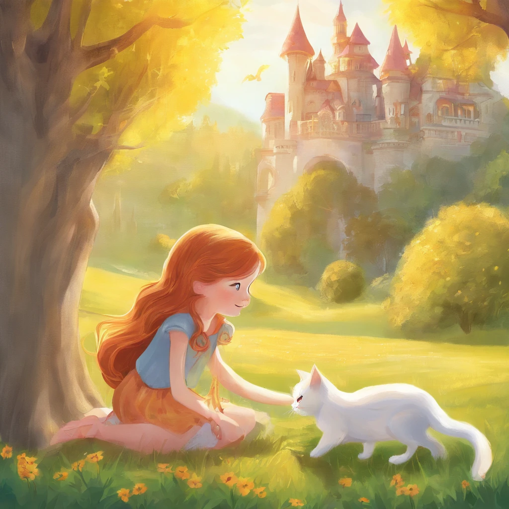 A 10-year-old chestnut-haired girl and a light gray cat are basking in the sun on the lawn of a sun-drenched park Fantastic and happy feeling The overall design is classical and the color is strong yellow Picture book illustrations