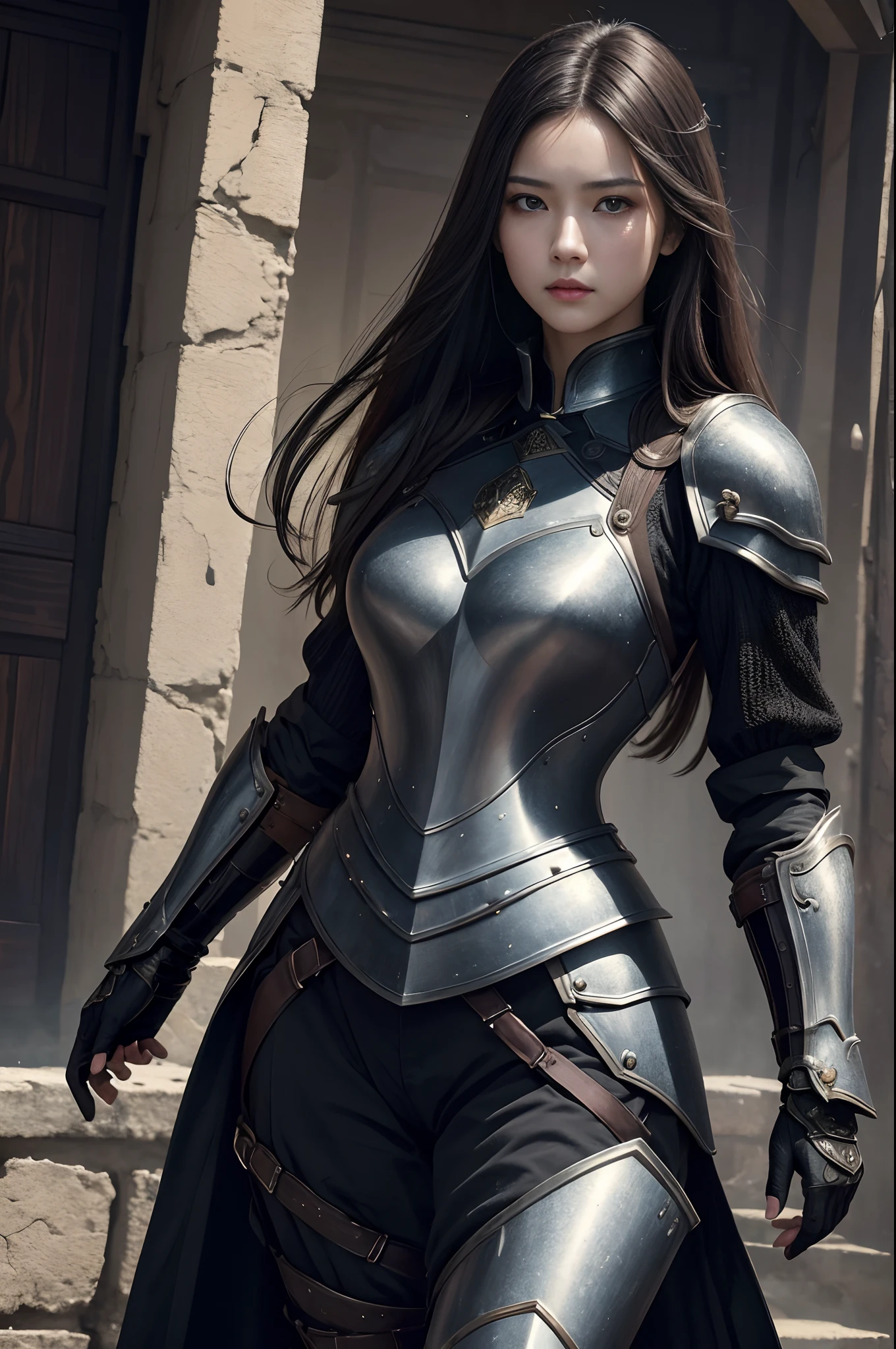 8K,超A high resolution,((Top image quality))、((masterpiece))、(High Detail:1.3)、Woman in black armor、length hair。Precise details of the chest armor、Wartime scenes of armor damage