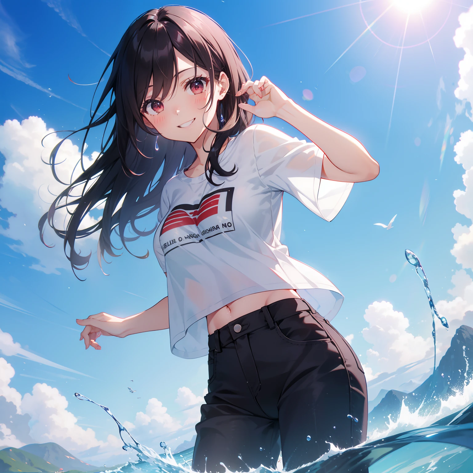 (masutepiece,Best Quality,8K),(extremely detailed CG1.1),1 girl standing on a water surface that is emitting a beautiful,Smile,large boob,(From below:1.2),Intricate details , Hyper realistic, Perfect Anatomy,A dark-haired,Red Eyes,(((Forehead))),Permed hair with wavy hair,(((length hair))),Hair over one eye,hair slicked back,blouson,(((Standing))),Full body,Black Loose Pants,espadrilles,oversized t-shirt, denim shorts,blush,happy smile,blue sky,Horizon, splash, water droplets,lens flare,wind,magnificent view,(chromatic aberration:1.3),dynamic angle,flock of birds,cowboy shot,looking at viewer