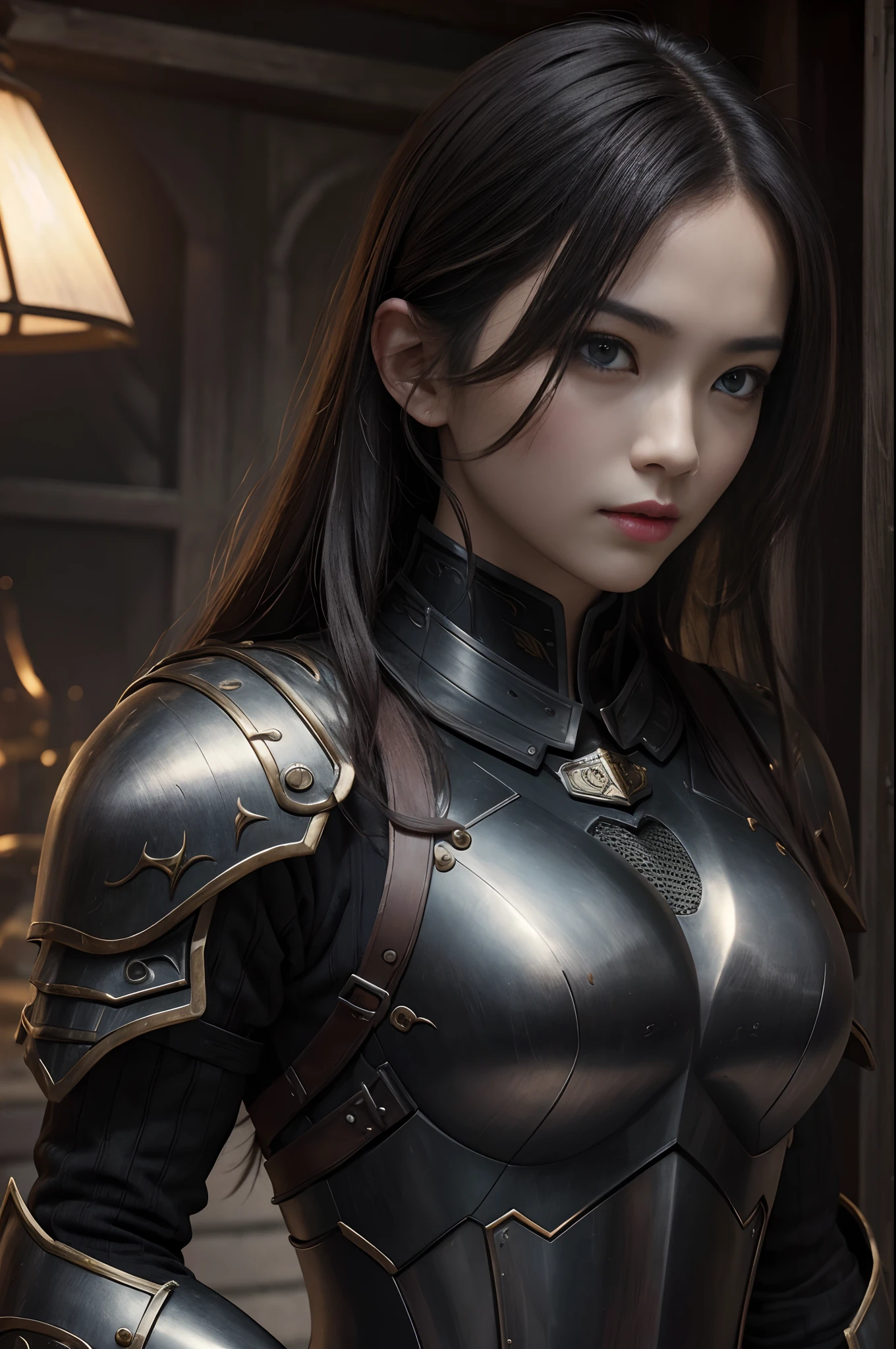 8K,超A high resolution,((Top image quality))、((masterpiece))、(High Detail:1.3)、Woman in black armor、length hair。Precise details of the chest armor、Wartime scenes of armor damage