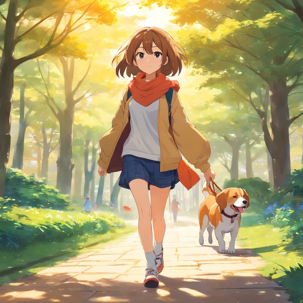 Pieza maestra, Una Beagle, de medianaedad, Estilo de matriz, Paseando por el parque, caminando por la acera con una bufanda en la cabeza, Gafas de sol, Dynamic Angle, mejor calidad, 4k,
