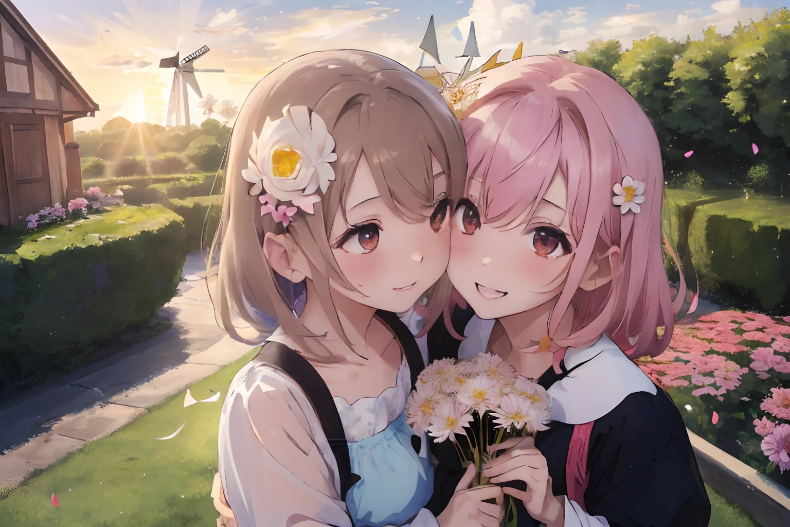 Chrysanthemum garden,Confetti,Little Birds and Butterflies々Jumping around,You can see a windmill in the distance,Sunrise sky bathed in sunlight,fluffy hair,the eyes are orange,white, Pink, Light blue, yellow, Navy blue, and brown,AHE Face,red tide,Pleasant look,A smile,Holding chrysanthemum flowers in your hands,He's holding out his hand to me,Facing each other and rubbing my body against the man,Hugging each other,