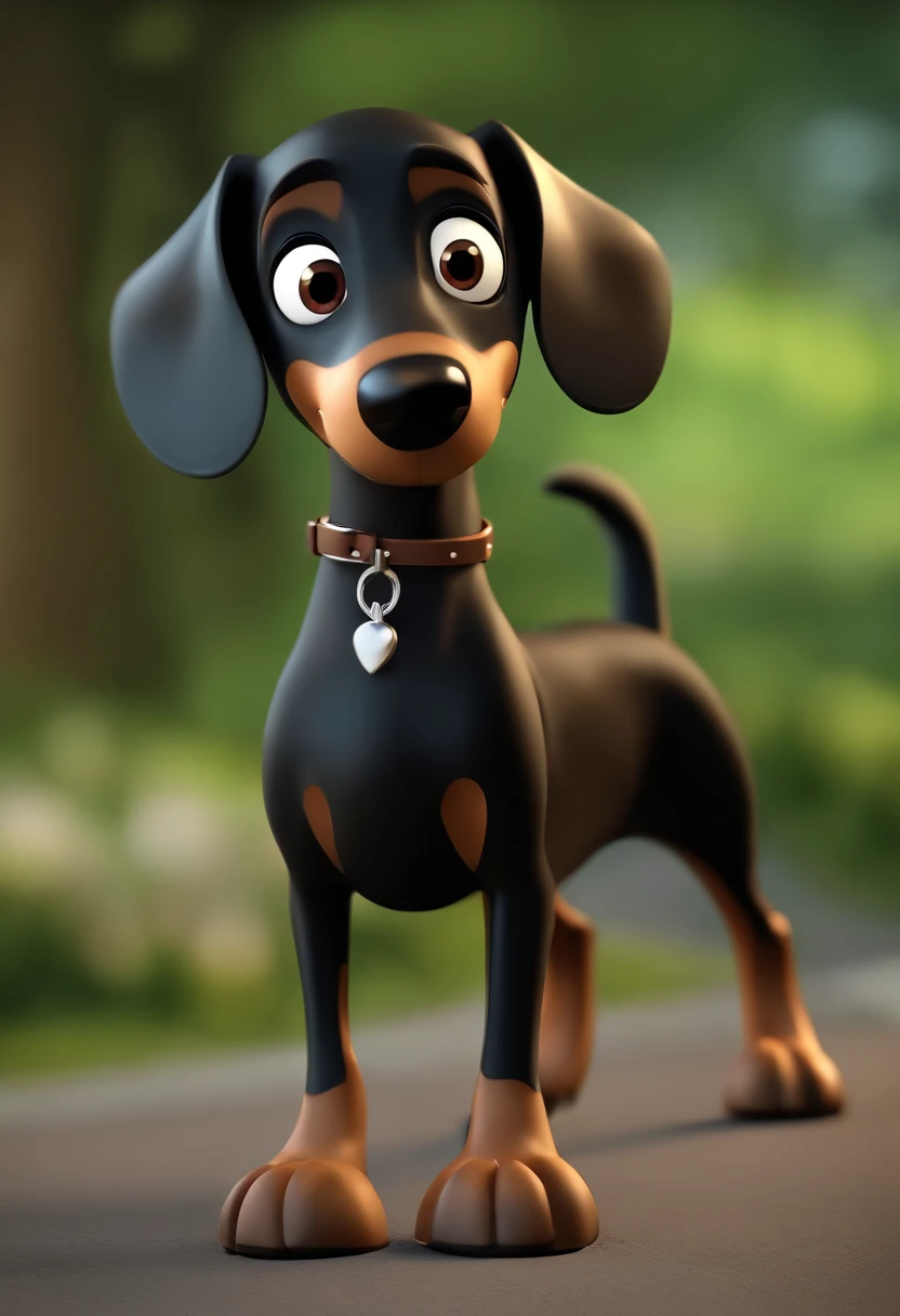 cartoon character of a black Daschund dog, com sombrancelhas e patas marrom, sendo as patas dianteira levemente viradas para fora, com a barriga branca, animation character, Caractere estilizado, animation style rendering, 3D estilizado, 3 d render stylized, toon render keyshot, Personagem 3D, Personagem 3D, 3d rendering stylized, 3 d character render, personagem de desenho animado, Personagem de close up, Pose de personagem, (Estilo Pixar) (master part:1.2) (Bokeh) (best quality) (pele detalhada) (textura detalhada) (8k) (argila) (Cinematic lighting) (foco nítido
