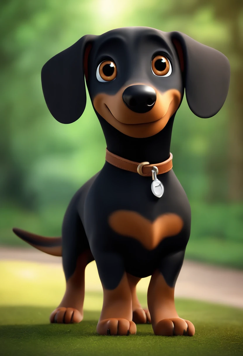 cartoon character of a black Daschund dog, com sombrancelhas e patas marrom, sendo as patas dianteira levemente viradas para fora, com a barriga branca, animation character, Caractere estilizado, animation style rendering, 3D estilizado, 3 d render stylized, toon render keyshot, Personagem 3D, Personagem 3D, 3d rendering stylized, 3 d character render, personagem de desenho animado, Personagem de close up, Pose de personagem, (Estilo Pixar) (master part:1.2) (Bokeh) (best quality) (pele detalhada) (textura detalhada) (8k) (argila) (Cinematic lighting) (foco nítido