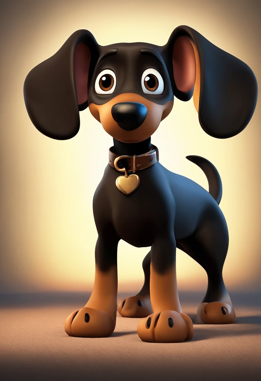 cartoon character of a black Daschund dog, com sombrancelhas e patas marrom, sendo as patas dianteira levemente viradas para fora, com a barriga branca, animation character, Caractere estilizado, animation style rendering, 3D estilizado, 3 d render stylized, toon render keyshot, Personagem 3D, Personagem 3D, 3d rendering stylized, 3 d character render, personagem de desenho animado, Personagem de close up, Pose de personagem, (Estilo Pixar) (master part:1.2) (Bokeh) (best quality) (pele detalhada) (textura detalhada) (8k) (argila) (Cinematic lighting) (foco nítido