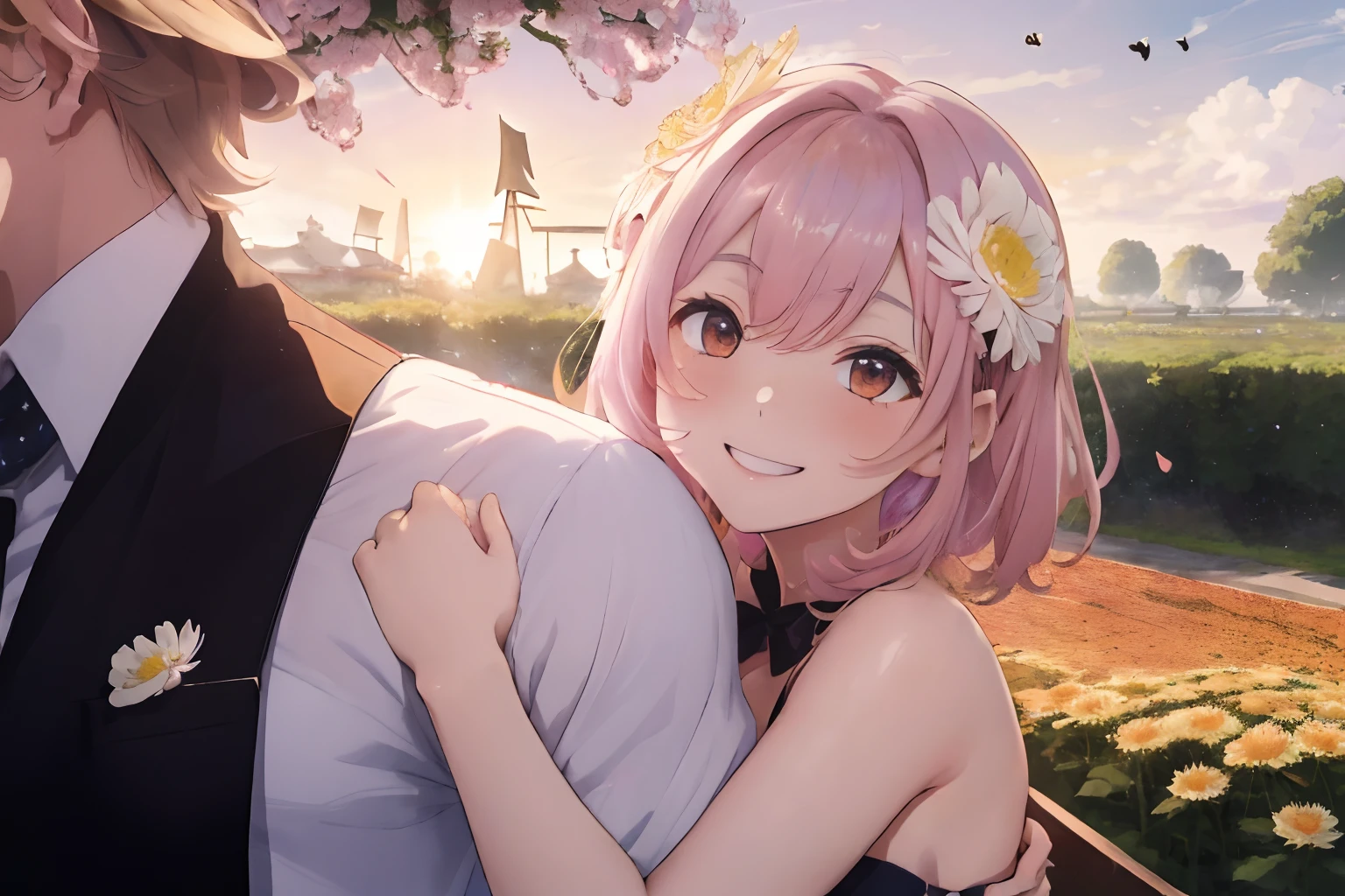 Chrysanthemum garden,Confetti,Little Birds and Butterflies々Jumping around,You can see a windmill in the distance,Sunrise sky bathed in sunlight,fluffy hair,the eyes are orange,white, Pink, Light blue, yellow, Navy blue, and brown,AHE Face,red tide,Pleasant look,A smile,Holding chrysanthemum flowers in your hands,He's holding out his hand to me,Facing each other and rubbing my body against the man,Hugging each other,
