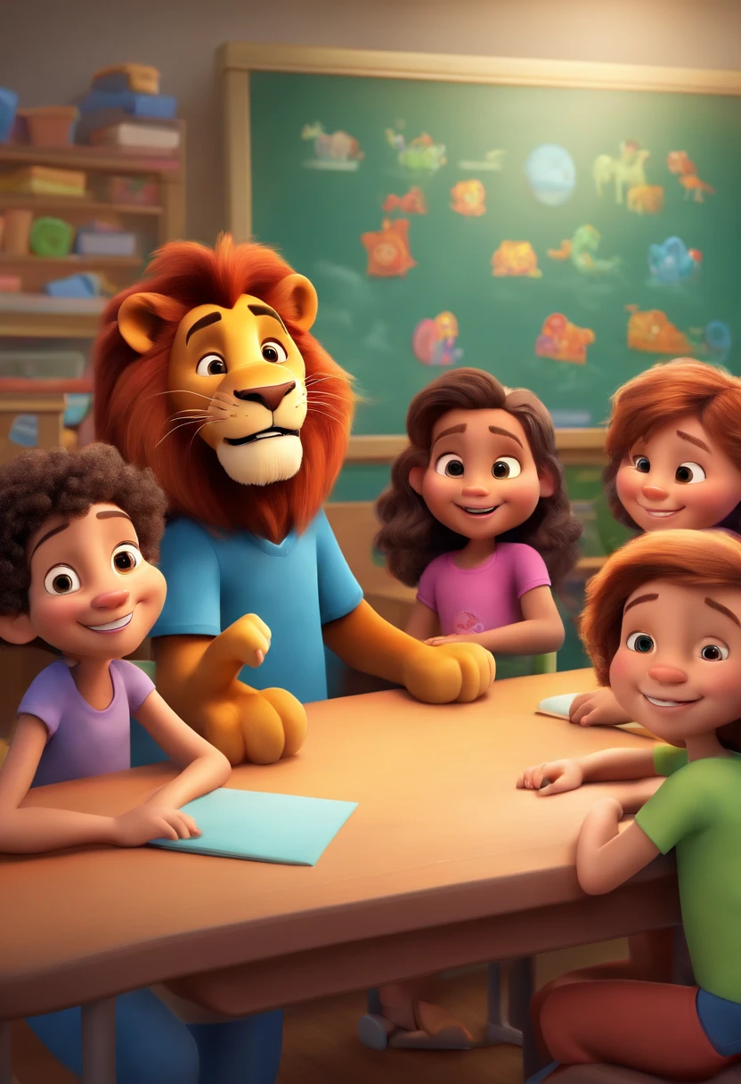 Create a Disney PIXAR-style 3D poster. Happy Daren Lion wearing a black t-shirt in a classroom with happy children.