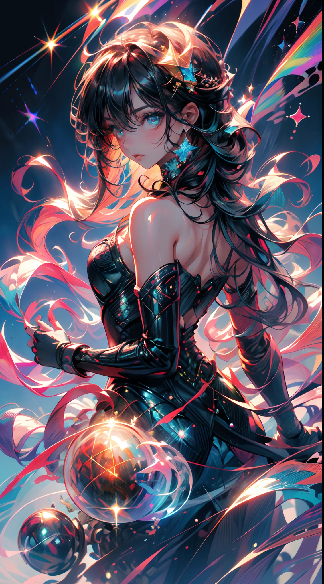 (best quality,4k,highres:1.2),ultra-detailed,(realistic,photorealistic:1.37),vivid colors,physically-based rendering,professional,sharp focus,bokeh,studio lighting,portraits,landscape

A girl with a vibrant and eye-catching hairstyle, featuring rainbow-colored hair flowing down her back. The hair should be depicted with mesmerizing shades of red, orange, yellow, green, blue, indigo, and violet. The colors should seamlessly blend together, creating a stunning rainbow effect.

She is wearing an intricately detailed teal dress armor that perfectly fits her body. The armor should have a realistic texture, with delicate patterns and designs engraved on it. The dress armor should have a futuristic and elegant look, with multiple layers and pieces that add depth and dimension to the outfit.

The girl is standing confidently, with a graceful and powerful pose. Her body language should convey strength and beauty. Her face is flawless, with beautiful detailed eyes and lips. Her eyes should be captivating, with a hint of mystery and depth. Her lips should be lush, with a natural color that complements the overall look.

The background of the image is a cosmic nebula with a rainbow-colored theme. The nebula should have a surreal and otherworldly appearance, with swirling clouds of cosmic dust and vibrant colors that resemble the rainbow. Stars and galaxies can be seen in the distance, adding an element of wonder and awe.

The overall image should be ultra-detailed, with every aspect carefully rendered to perfection. Each detail should be crisp and clear, with an emphasis on realism. The colors should be vivid and rich, enhancing the visual impact of the artwork.

The lighting in the image should be professionally executed, with a studio lighting setup that highlights the girl and her surroundings. The light should enhance the colors and textures, creating depth and dimension.

The art style of the image should be focused on portraits and landscape. It should capture the beauty