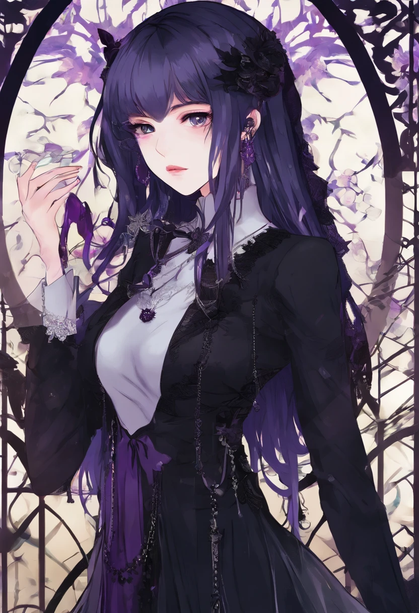 (Beautiful face, masterpiece, best quality) , 1 girl, purple hair, long smooth, split hair, cold face, Japanese girl, wearing black sweater, mole under left eye, Tokyo at night, wearing necklace, earrings, cold girl.