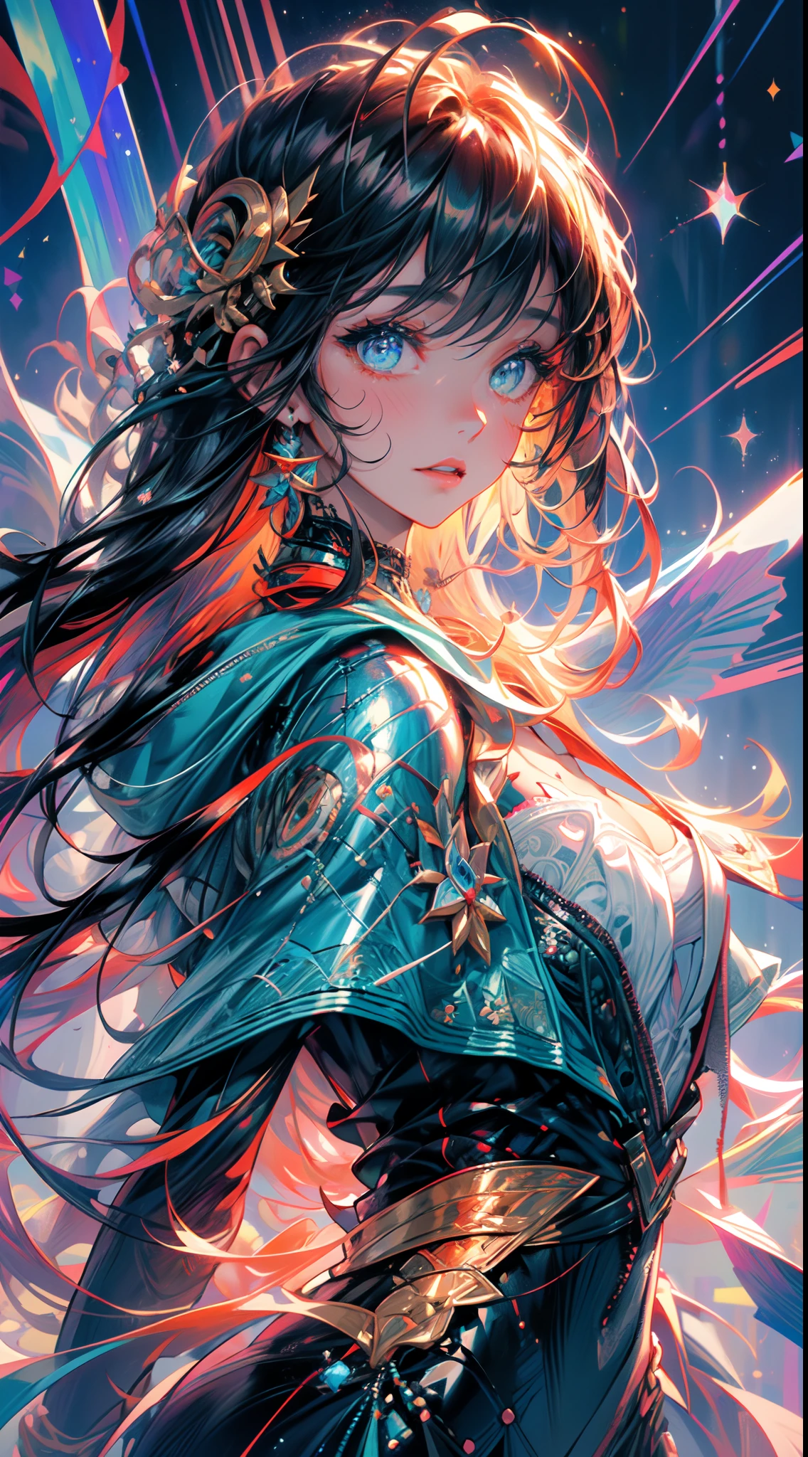(best quality,4k,highres:1.2),ultra-detailed,(realistic,photorealistic:1.37),vivid colors,physically-based rendering,professional,sharp focus,bokeh,studio lighting,portraits,landscape
A girl with a vibrant and eye-catching hairstyle, featuring rainbow-colored hair flowing down her back. The hair should be depicted with mesmerizing shades of red, orange, yellow, green, blue, indigo, and violet. The colors should seamlessly blend together, creating a stunning rainbow effect.
She is wearing an intricately detailed teal dress armor that perfectly fits her body. The armor should have a realistic texture, with delicate patterns and designs engraved on it. The dress armor should have a futuristic and elegant look, with multiple layers and pieces that add depth and dimension to the outfit.
The girl is standing confidently, with a graceful and powerful pose. Her body language should convey strength and beauty. Her face is flawless, with beautiful detailed eyes and lips. Her eyes should be captivating, with a hint of mystery and depth. Her lips should be lush, with a natural color that complements the overall look.
The background of the image is a cosmic nebula with a rainbow-colored theme. The nebula should have a surreal and otherworldly appearance, with swirling clouds of cosmic dust and vibrant colors that resemble the rainbow. Stars and galaxies can be seen in the distance, adding an element of wonder and awe.
The overall image should be ultra-detailed, with every aspect carefully rendered to perfection. Each detail should be crisp and clear, with an emphasis on realism. The colors should be vivid and rich, enhancing the visual impact of the artwork.
The lighting in the image should be professionally executed, with a studio lighting setup that highlights the girl and her surroundings. The light should enhance the colors and textures, creating depth and dimension.
The art style of the image should be focused on portraits and landscape. It should capture the beauty