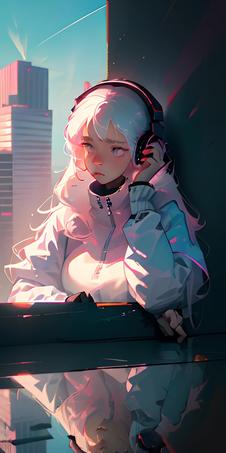 Sad, girl, jacket, headphones, falling, upside down, looking away, indifferent, reflection, city, tall buildings, skyscraper, dusk, nearby birds, pink eyes, white hair, hurt hands