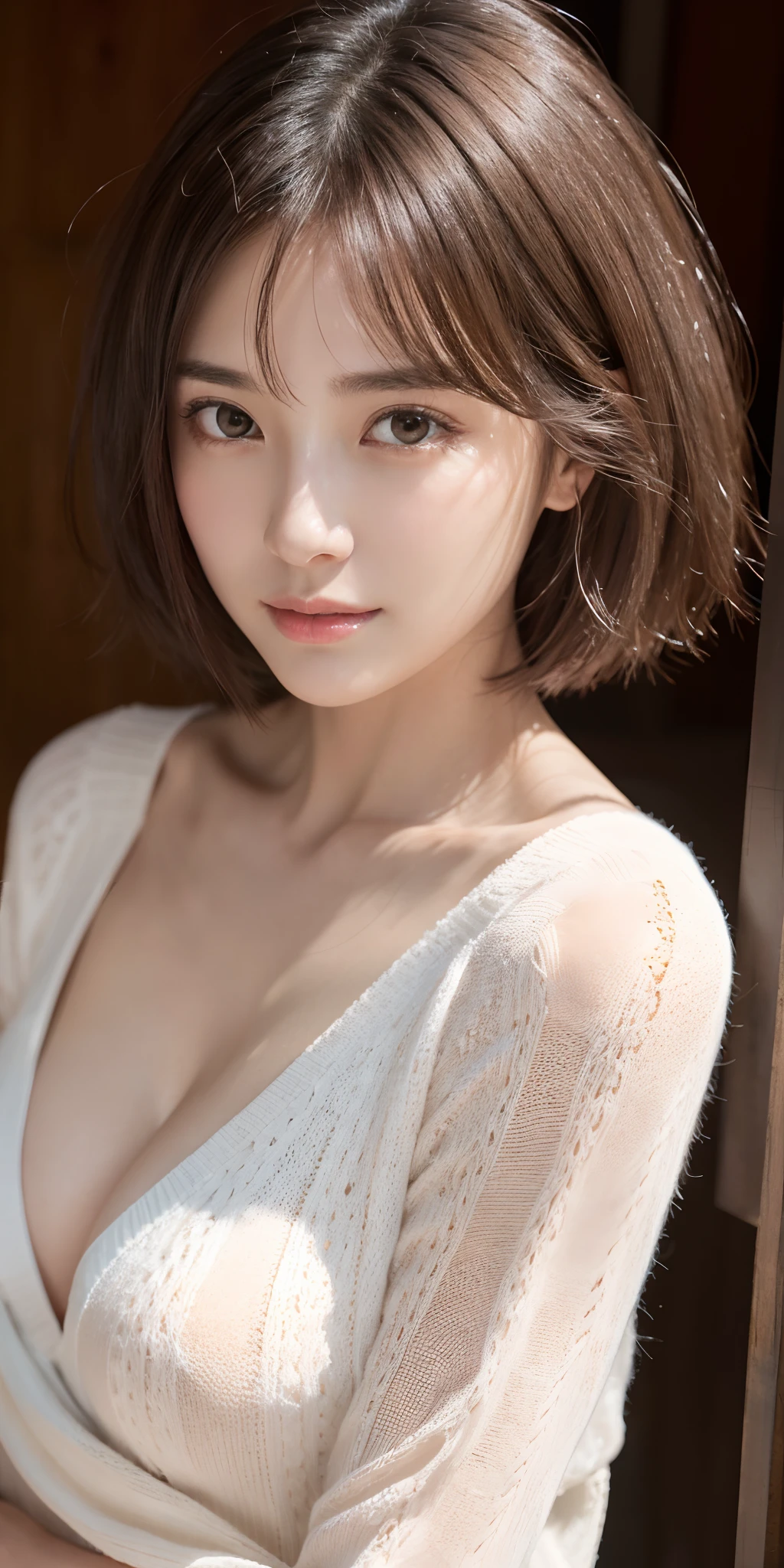 Highly detailed CG Unity 8k wallpaper, top quality, super detailed, masterpiece, realistic, photorealistic, highly detailed cute girl, (25 years old), blush, round eyes, (bob cut), semi-body shot, white wedding dress, kneeling, hotel