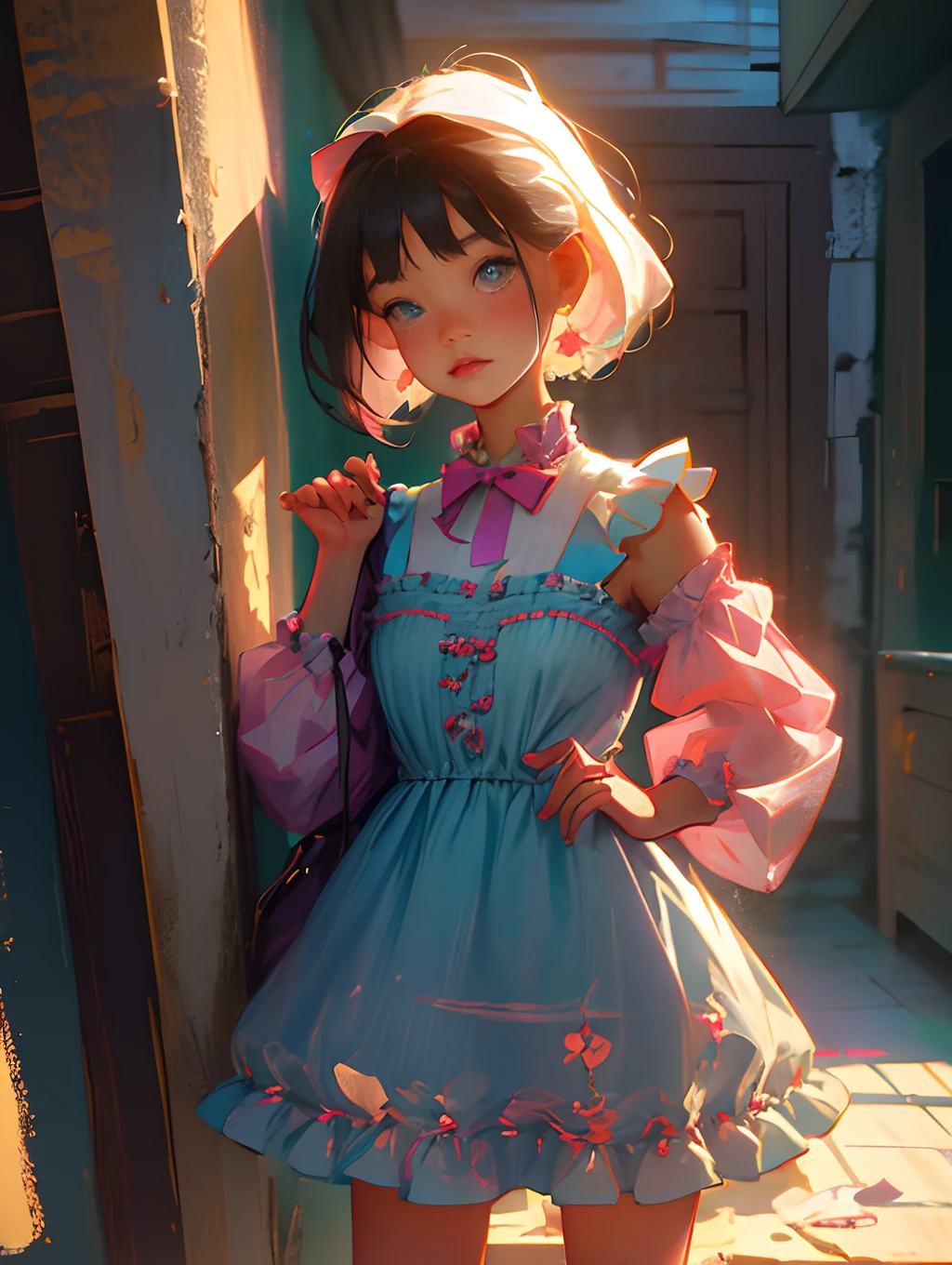 girl with/Age: 9 /Shabby clothes/Sticky berry short/No highlights in the eyes/No emotion/without background/Standing Picture