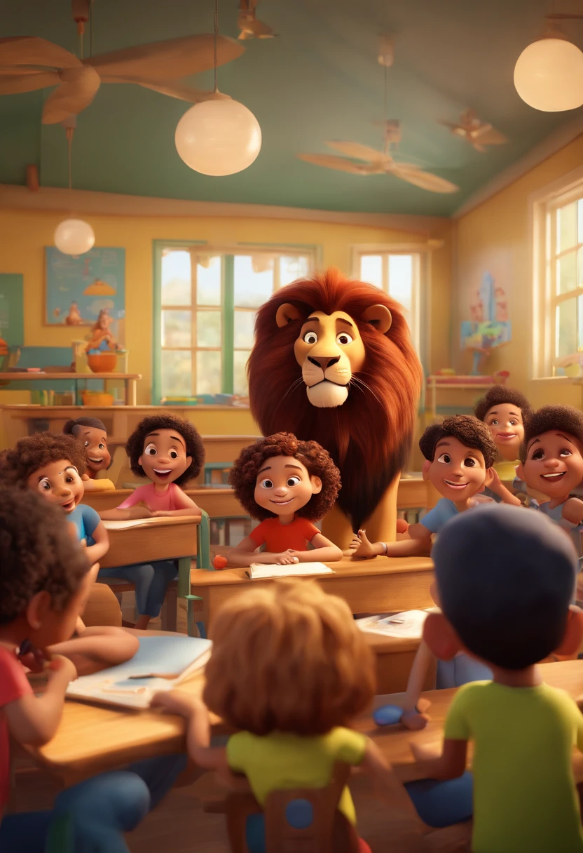 Create a Disney PIXAR-style 3D poster. Happy Daren Lion wearing a black t-shirt in a classroom with happy children.