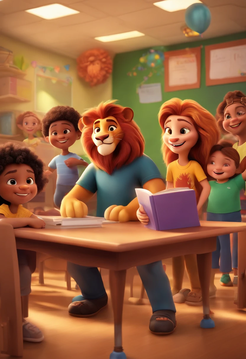 Create a Disney PIXAR-style 3D poster. Happy Daren Lion wearing a black t-shirt in a classroom with happy children.