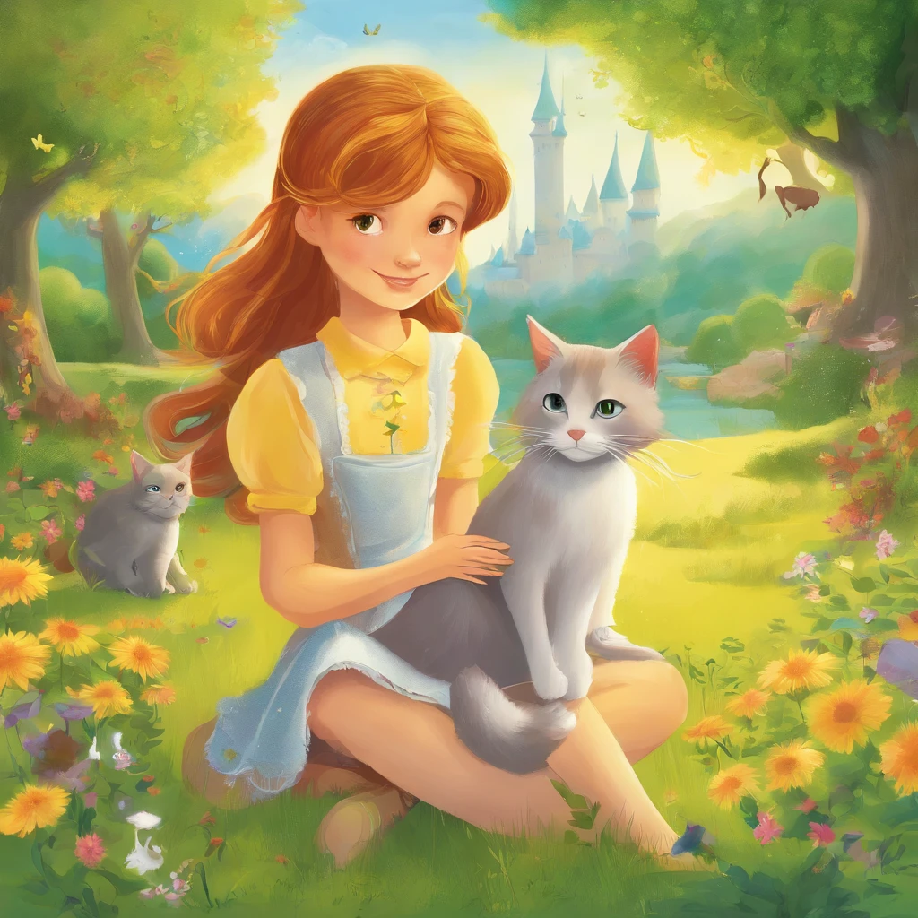 A 10-year-old chestnut-haired girl and a light gray cat are basking in the sun on the lawn of a sun-drenched park　　Fantastic and happy feeling　The overall design is classical and the color is strong yellow　Picture book illustrations