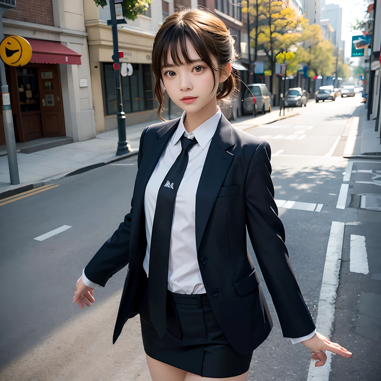 (masutepiece, Best Quality:1.2), 8K, Official art, Full body photo, full body Esbian、Emma fastening her tie.Back angle、turned around、cute butt、Suits、A dark-haired、years、small tits、A delightful、A smile、unbelievable Ridiculous, (Upper body, Dark blue suit:Cute Tie 1.4), Beautiful Girl, Pretty Face, arching back down, cute butt、Gold hair ornament on hair、Wearing a cute suit、close up, Wearing a suit, Short sleeve, gardenia, violaceaess, Teen, Street, Looking at Viewer, Film grain, chromatic abberation, Sharp Focus, face lights, Dynamic lighting, Cinematic lighting, Eyes and faces with detailed, Bokeh background, (Tie with Emma written on it、1 copy:1.2)