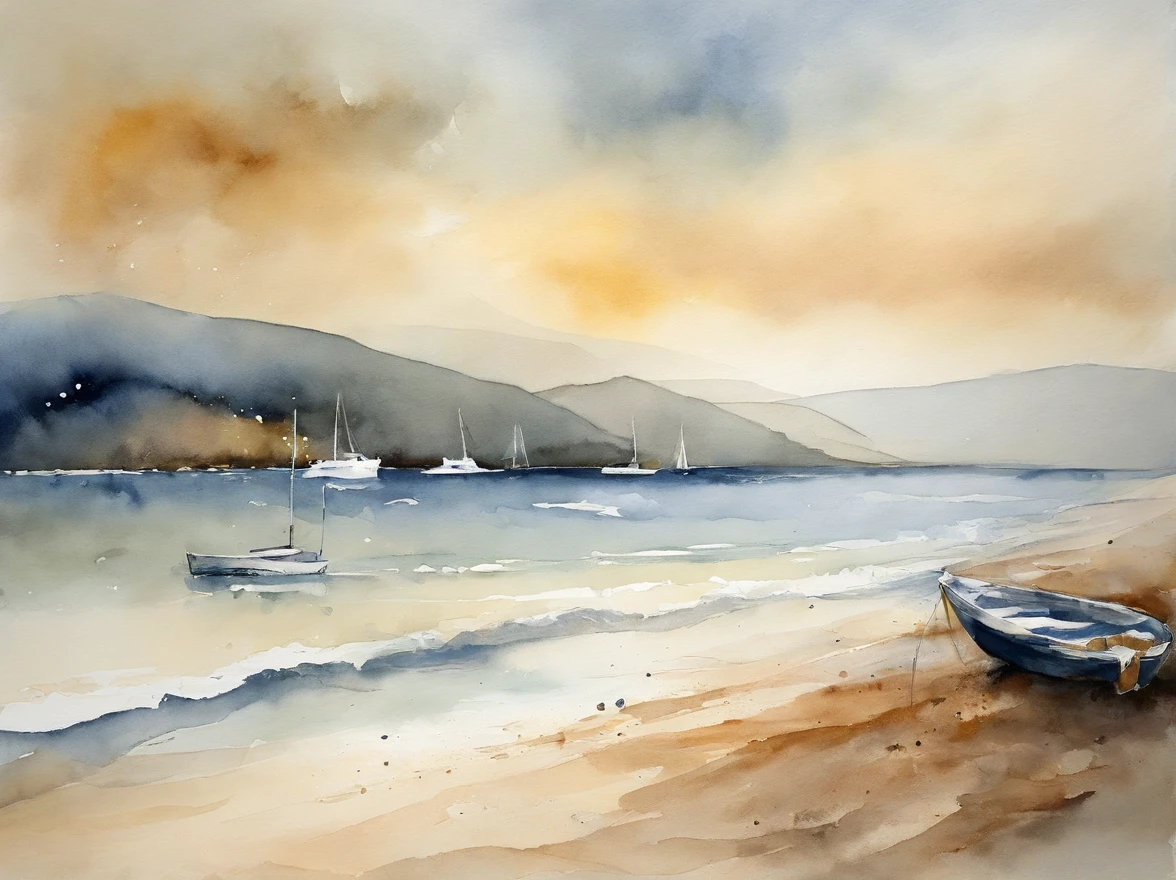 hi res stylish, elegant, sophisticated, contemporary, semi abstract seascape painting with foreground beach and waves, middle ground sea and boats, background harbor, hills and sky, based on the principles of design and composition, including depth, contrast and texture using a mix of pastel, saturated and neutral colors with some detail at the focal point