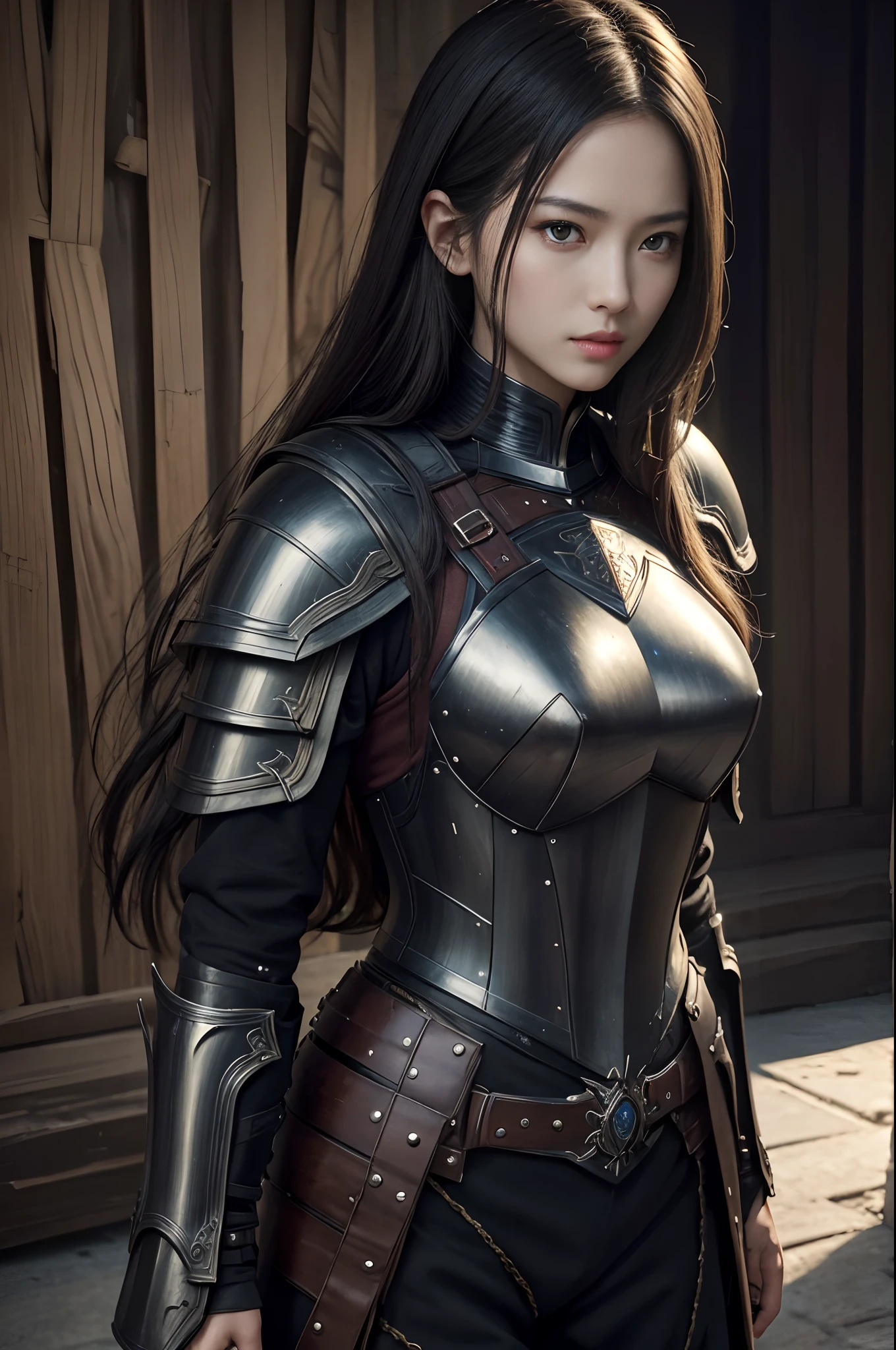 8K,超A high resolution,((Top image quality))、((​masterpiece))、(High Detail:1.3)、Woman in black armor、length hair。Precise details of the decoration of the chest armor、Wartime scenes of armor damage