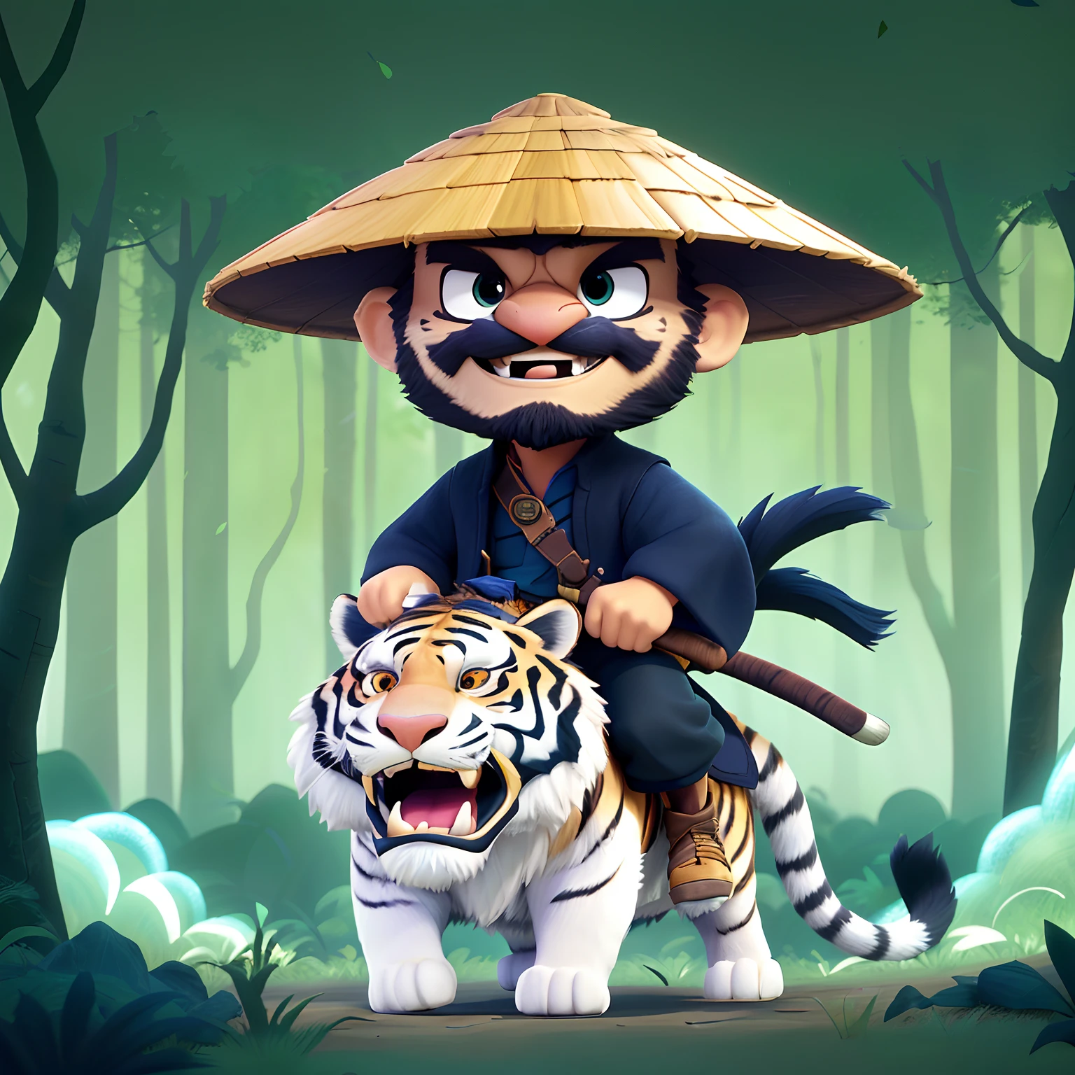 3D cartoon character of a man riding a tiger in a forest, a wizard battling a tiger, in the style of sifu, igual aos filmes Disney Pixar, Disney Pixar style background