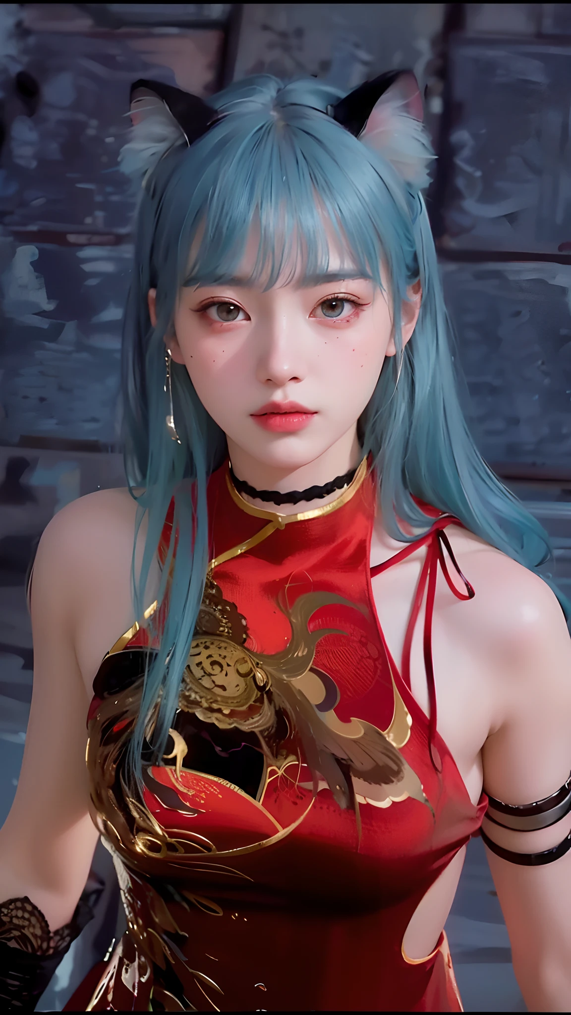 official art, unity 8k wallpaper, ultra detailed, beautiful and aesthetic, masterpiece, best quality, (close up, face focus:1.2), (zentangle, mandala, tangle, entangle), (fractal art:1.3) , 1girl, extremely detailed, dynamic angle, the most beautiful form of chaos, elegant, a brutalist designed, vivid colours, romanticism, by james jean, roby dwi antono, ross tran, francis bacon, michal mraz, adrian ghenie, petra cortright, gerhard richter, takato yamamoto, ashley wood, atmospheric, ecstasy of musical notes, streaming musical notes visible,hot tight red dress, ash blue hair HD, long hair HD, black ears cat HD, eyes blue HD