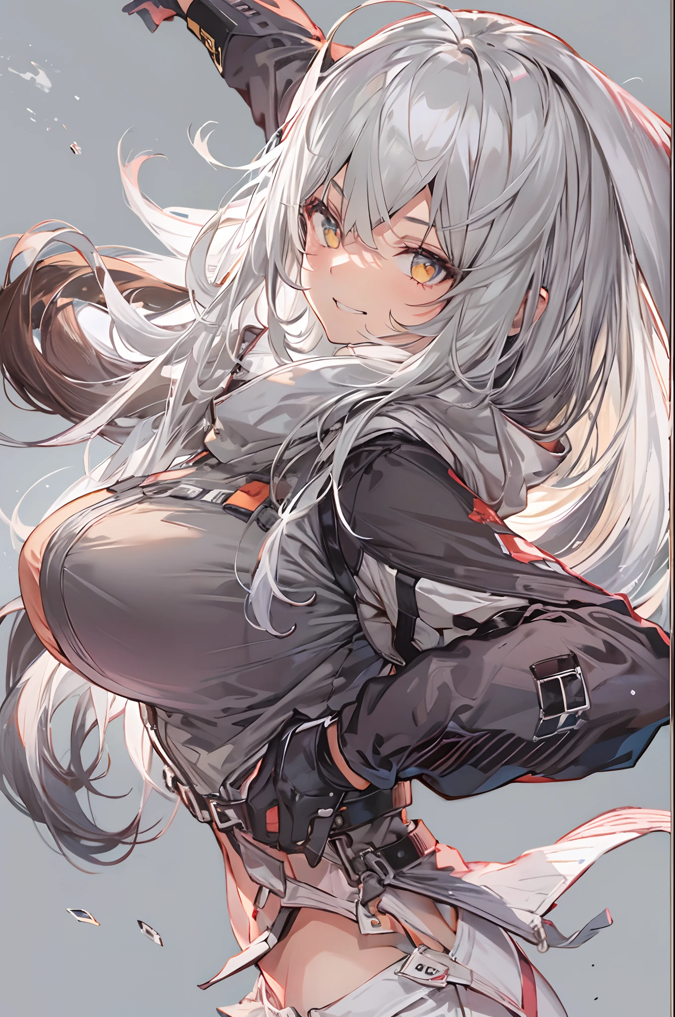 1girl, {solo}, upper body ,{{ {looking at viewer}}}, arm at side, concept art, white background, simple background, white hair, silver gradiient hair , complex cloth, asymmetrical clothes, virtual youtuber, best quality, masterpiece, dynamic angle, guilty gear, guilty gear, guilty gear, cowboy_shot, looking_back, grabbing, girl,woman,female, young,20 years old, very long hair, flipped hair, silver hair, flowing hair, ahoge, smirk, beautiful and delicate golden eyes, teeth, medium_breasts, blonde eyes, white skin, coat, hoodie, black_shorts, grey Clothes, transparent_background, backlighting, absurdres, highres, ultra detailed,