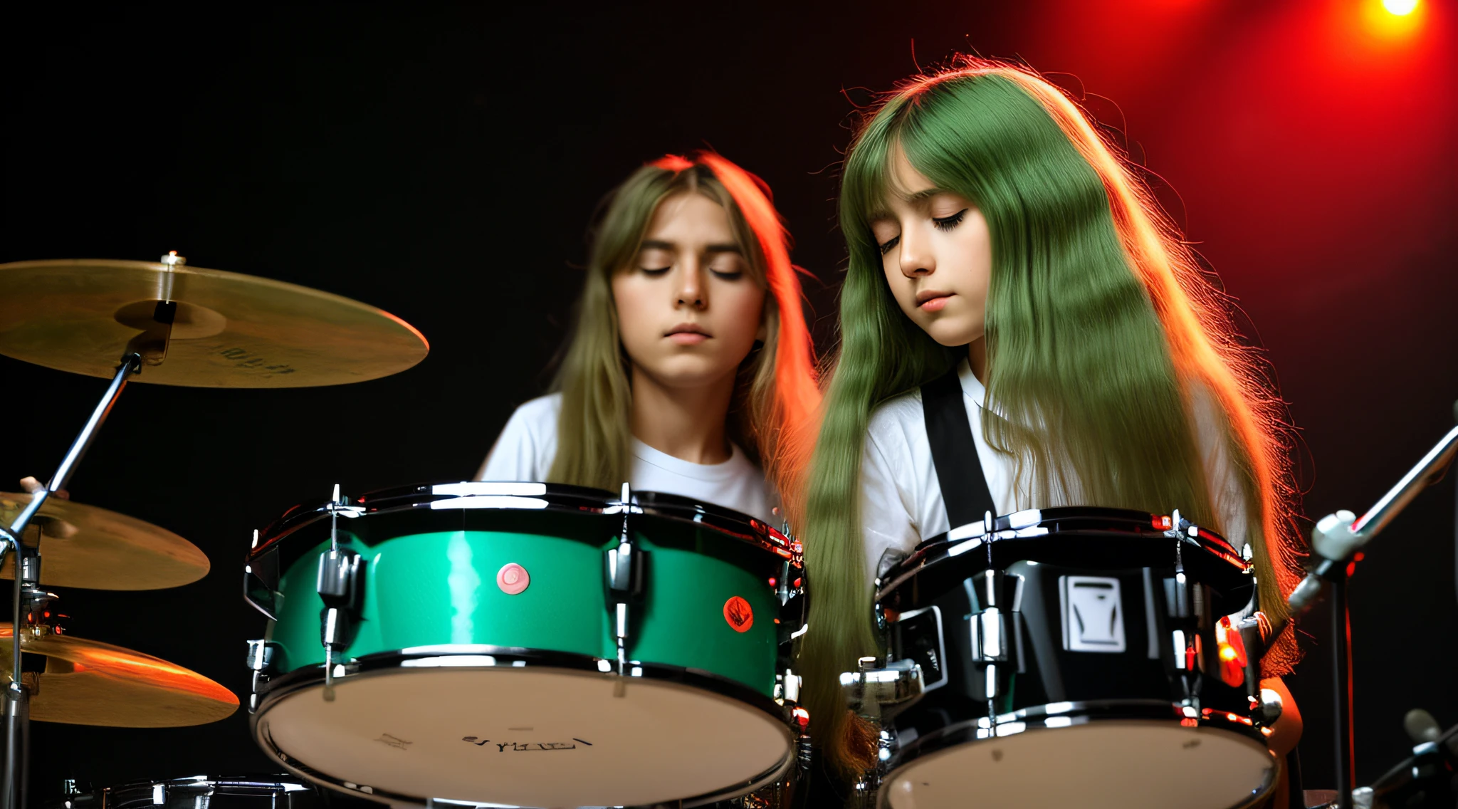 DRUMMER OF CHILD GIRL LONG HAIRED BLONDE, uniforme azul tocando bateria em frente a um palco. LUZES VERDES, VERDE. TOCHAS DE FOGO.