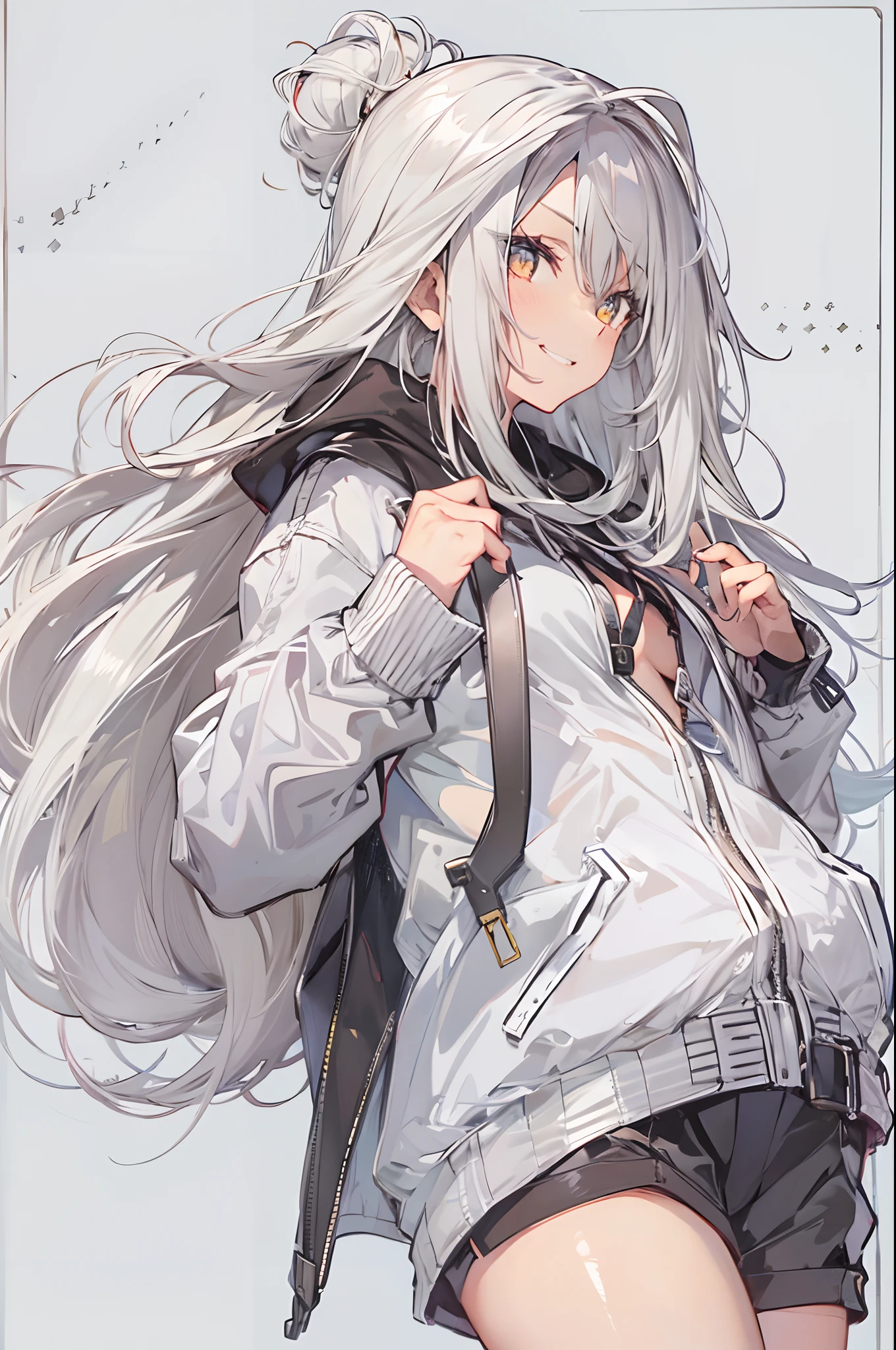 1girl, {solo}, upper body ,{{ {looking at viewer}}}, arm at side, concept art, white background, simple background, white hair, silver gradiient hair , complex cloth, asymmetrical clothes, virtual youtuber, best quality, masterpiece, dynamic angle, guilty gear, guilty gear, guilty gear, cowboy_shot, looking_back, grabbing, girl,woman,female, young,20 years old, very long hair, flipped hair, silver hair, flowing hair, ahoge, smirk, beautiful and delicate golden eyes, teeth, medium_breasts, blonde eyes, white skin, coat, hoodie, black_shorts, grey Clothes, transparent_background, backlighting, absurdres, highres, ultra detailed,