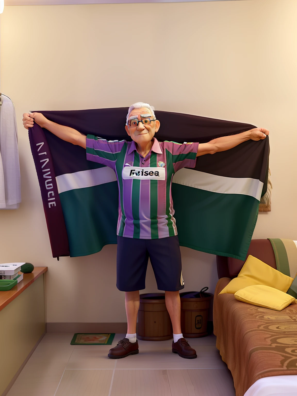 A wise old man standing, com a camisa do Fluminense,segurando a bandeira do Fluminense nas costas e no alto no meio da sala em sua casa