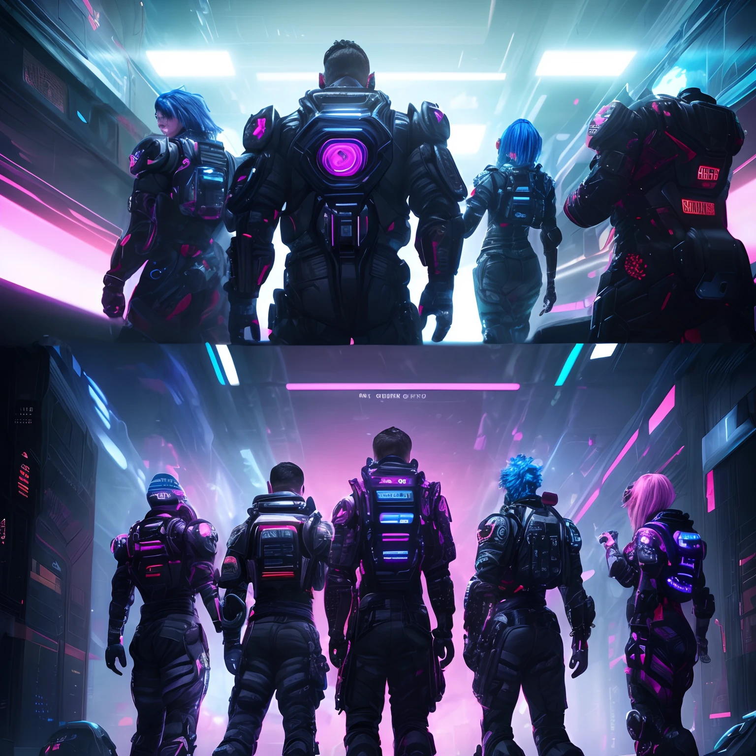Reunion of man, team, squad, cyberpunk, abstract, full hd render + 3d octane render +4k UHD + immense detail + dramatic lighting + well lit + black, purple, blue, pink, cerulean, teal, metallic colours, + fine details + octane render + 8k