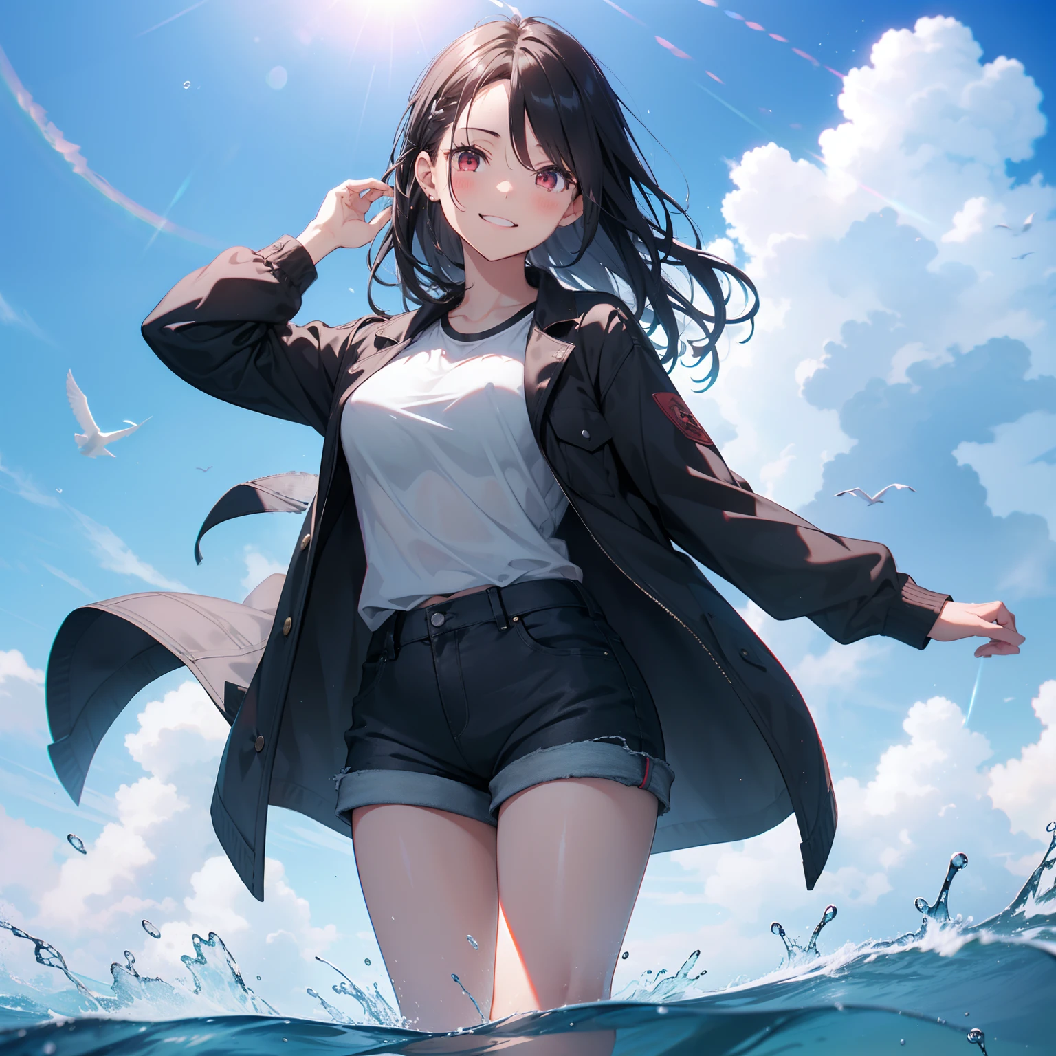 (masutepiece,Best Quality,8K),(extremely detailed CG1.1),1 girl standing on a water surface that is emitting a beautiful,Smile,large boob,(From below:1.2),Intricate details , Hyper realistic, Perfect Anatomy,A dark-haired,Red Eyes,(((Forehead))),Permed hair with wavy hair,(((length hair))),Hair over one eye,hair slicked back,blouson,(((Standing))),Full body,Black Loose Pants,espadrilles,oversized t-shirt, denim shorts,blush,happy smile,blue sky,Horizon, splash, water droplets,lens flare,wind,magnificent view,(chromatic aberration:1.3),dynamic angle,flock of birds,cowboy shot,looking at viewer