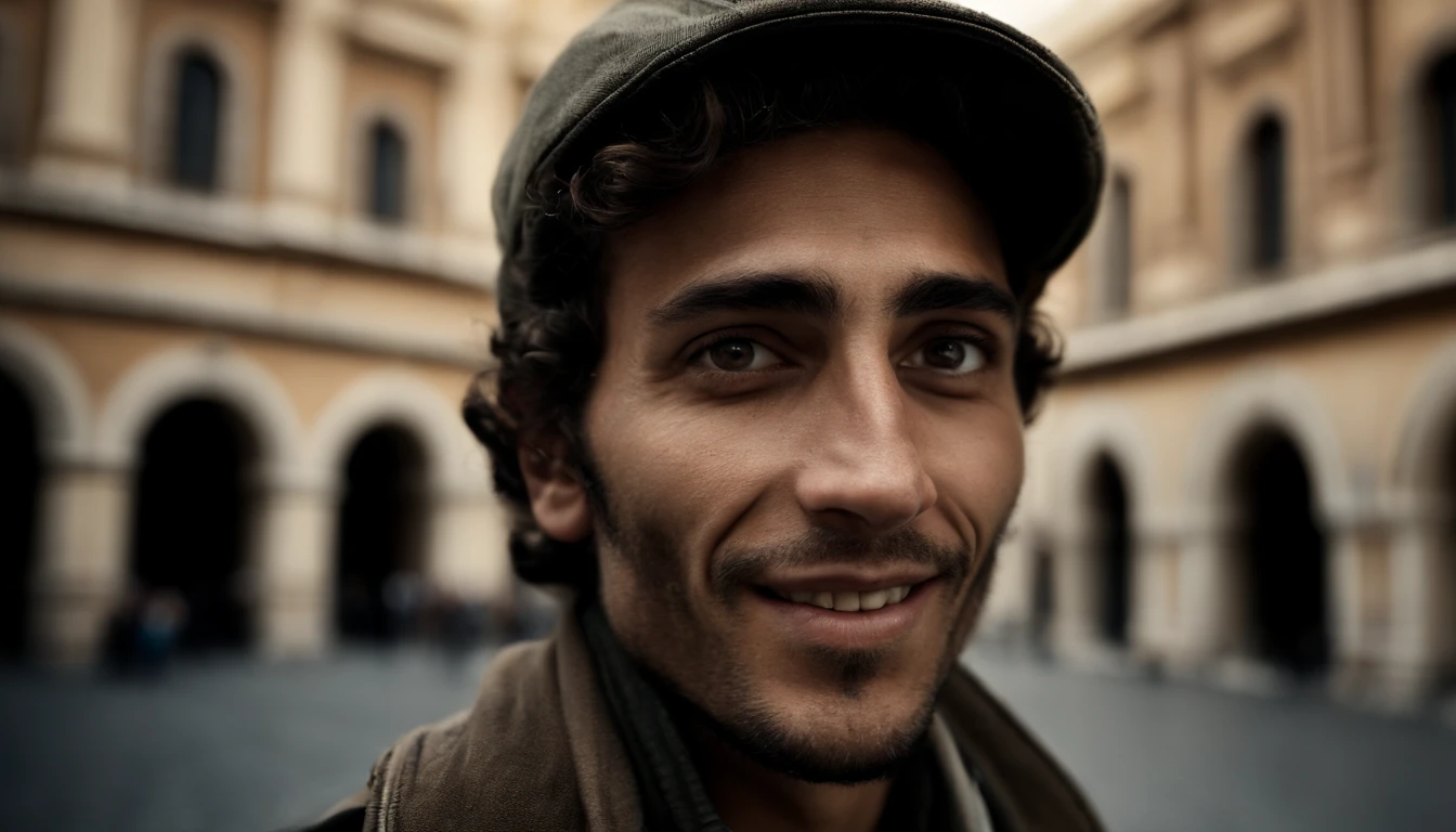 analog style, model photography style, RAW portrait of a young man tourist, using a backpack, walking on th streets of Rome, admiring historic architecture, read hair and smiling, best quality, epic (by photo by Lee Jeffries, sony a7, 50 mm , pores: 1.5, colors, hyperdetailed: 1.5, film grain: 1.4, hyperrealistic: 1.5), hyperrealistic texture, masterpiece, unreal engine 5, extremely detailed CG unit 4k wallpaper, realistic eyes, insanely detailed photo, no shadows, (Winner of Pulitzer Prize for Photography and Taylor Wessing Photographic Prize)