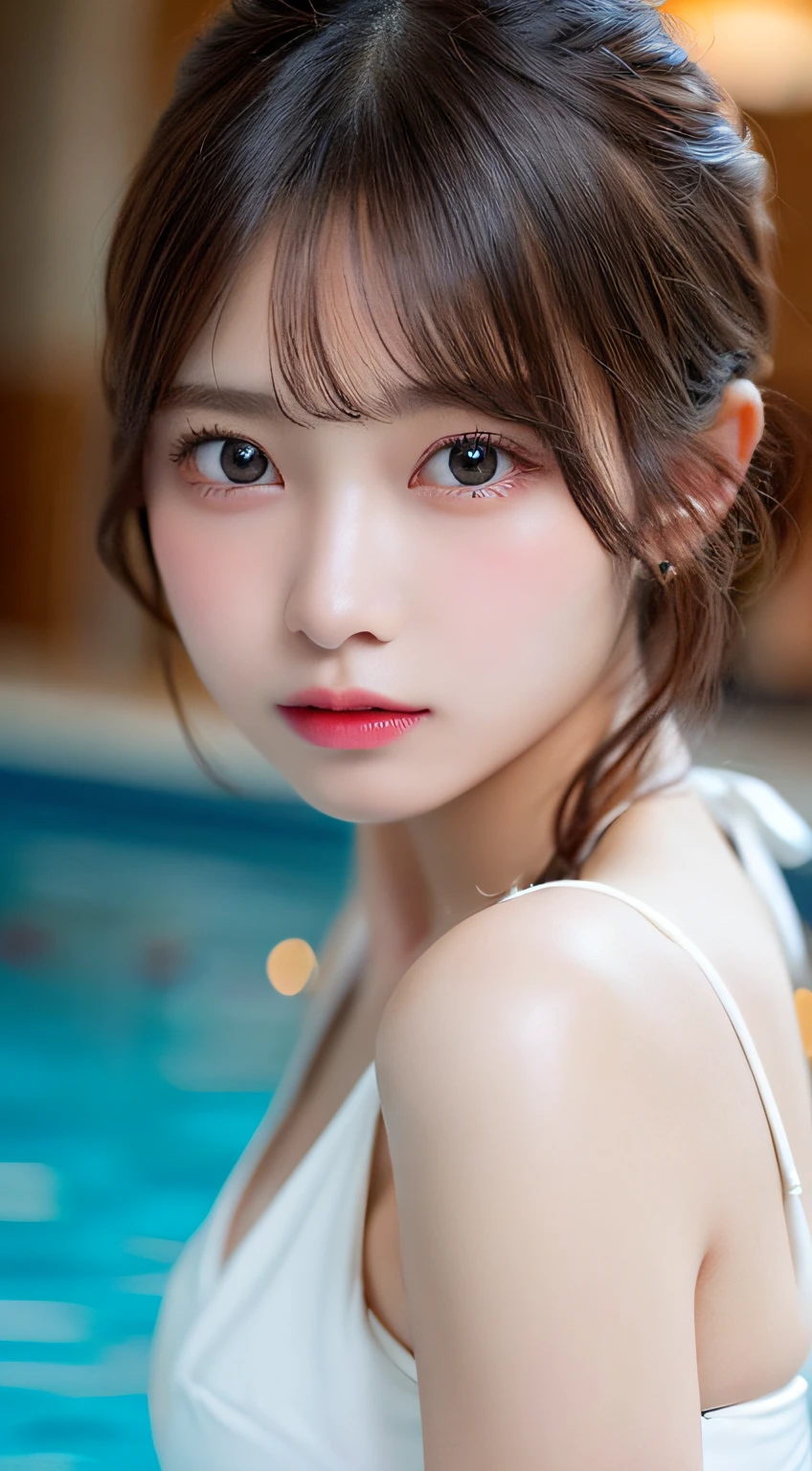 masutepiece, Best Quality, Illustration, Ultra-detailed, finely detail, hight resolution, 8K Wallpaper, Perfect dynamic composition, Beautiful detailed eyes , Pool, Sexy face,Hair shortcuts