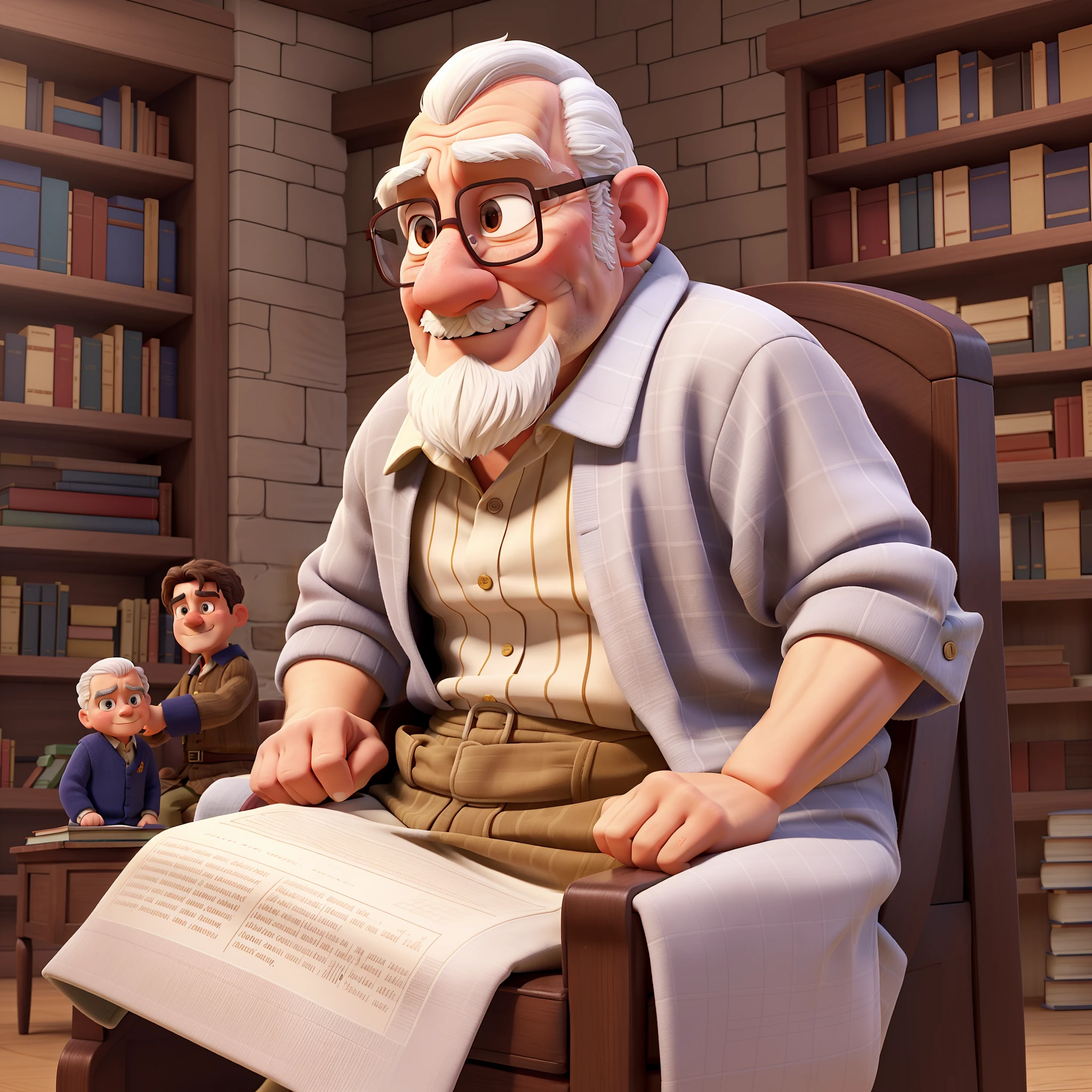 Create a character aged 67, with a height of 1.76 meters, weighing 80 kg, possessing the traits of a wise elder to be listened to, in a personal library full of books and movie covers, bald, clean-shaven, without glasses, and with features reminiscent of Italians. White, and dressed in traditional clothing, sitting in an armchair beside four grandchildren