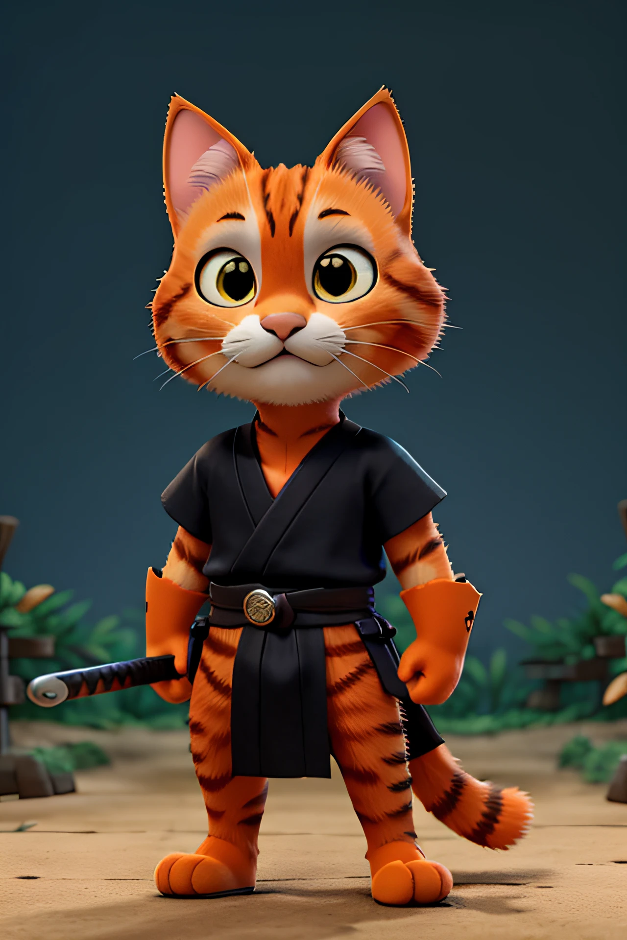 an orange cat with black stripes. stand with two legs. hold a sword. use samurai armor. bamboo forest background. disney cartoon