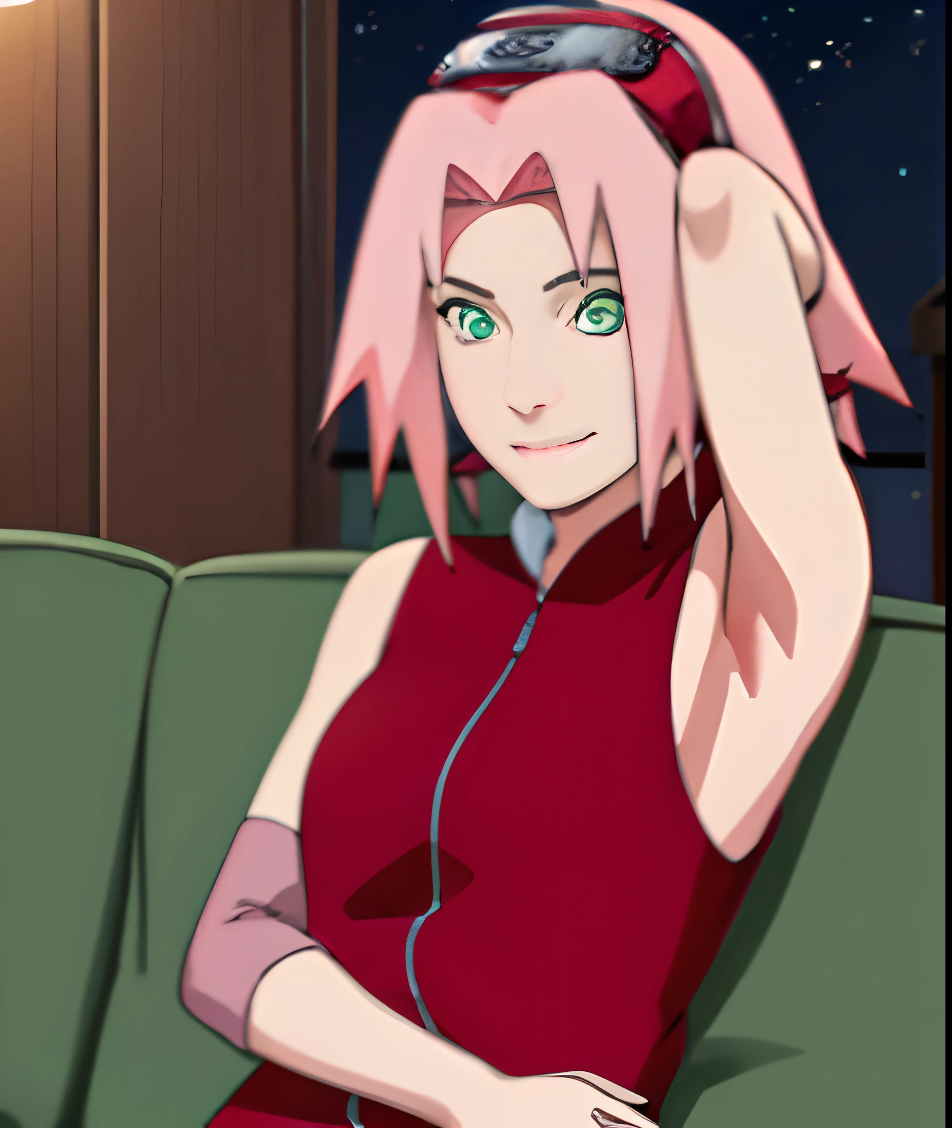 Haruno Sakura, Naruto \(Series\), naruto shippuuden, masterpiece, 4k, portrait, cowboy shot, (night), professional artwork, intricate details, colorful, digital blending, (ultra detailed body, ultra detail hair, ultra detail face), trending on pixiv, kind smile, best quality, anime style: 1.9, 1girl, hires, Red Shirt, Shirt, Short hair, Sleeveless, Sleeveless shirt, forehead protector, shairband, Konohagakure symbol on the hair band, Solo, Bangs, breasts, Closed mouth, elbow sleeve, eyes visible through hair, Floating hair, foreshortening, Green eyes, Hair intake, Parted bangs, Pink hair, Small breasts, V-shaped eyebrows, Detailed background, smile, beach, wind, floating hair, detailed arms, off-shoulders, broad shoulders, ((both armpits , (both) hands spreading to both sides, (symmetrical arms))), fancy couch, relaxing, laying, talking, looking at the viewer, ((showing both armpits, hairy armpits)))