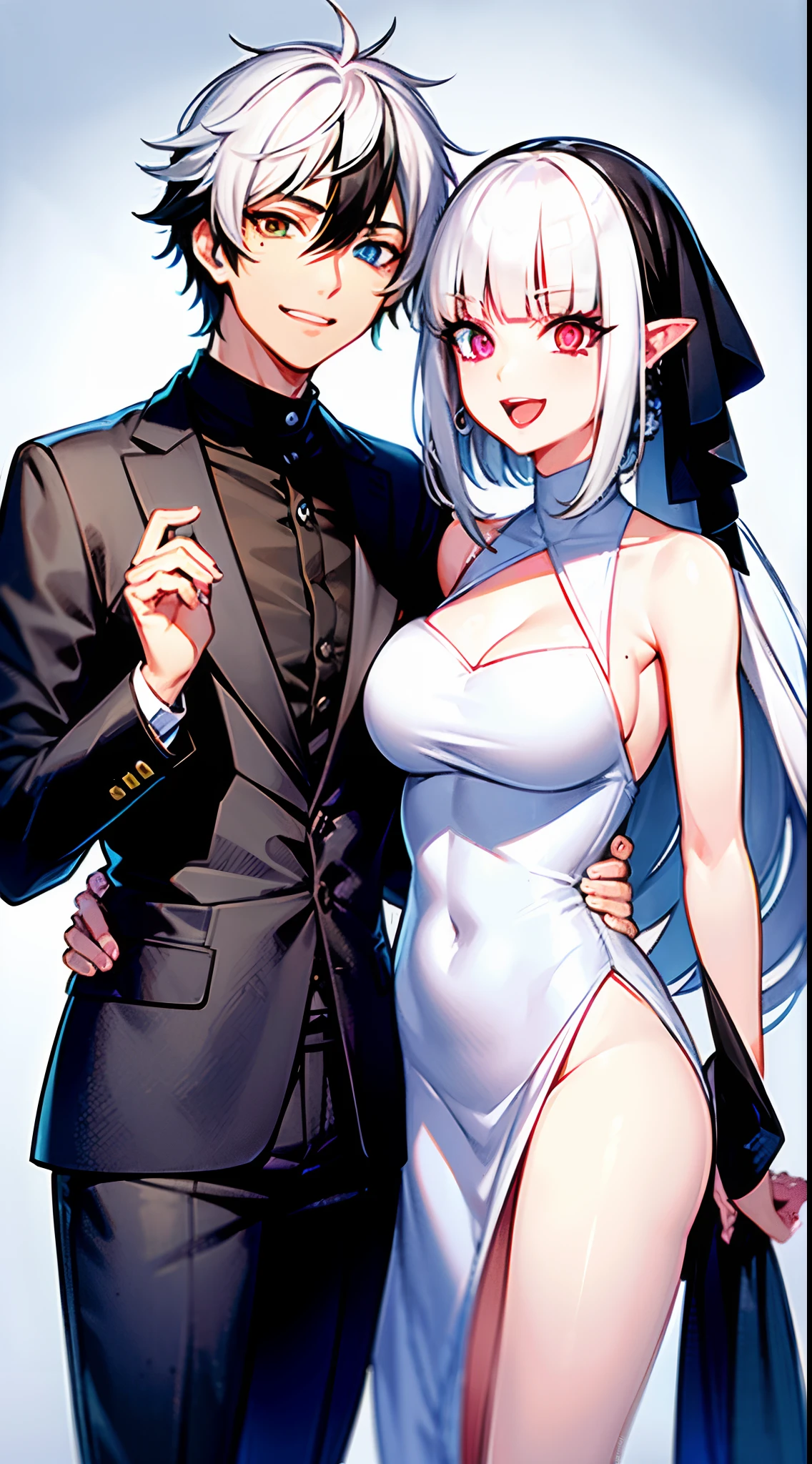 White hair, Mole under the eyes, mismatched sclera, Heterochromia, Laughing,, god rays, Anime-style woman with long white hair、Short-haired man with black hair、husband and wife、a couple、date、