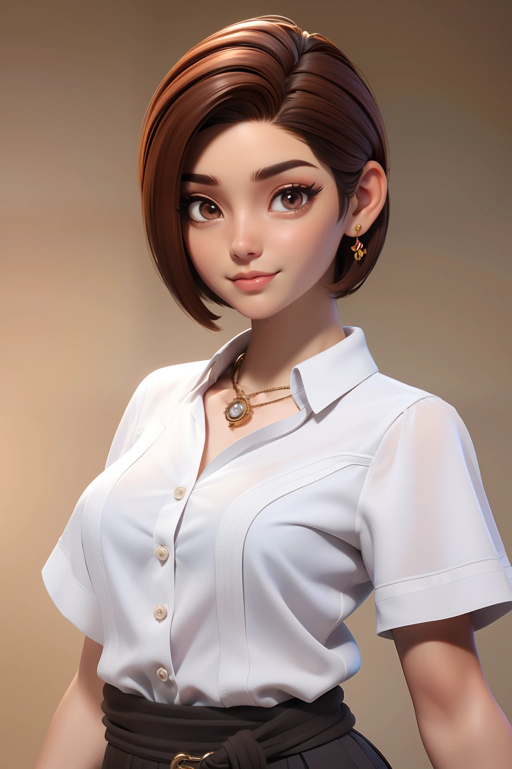 master part, best quality, 1st grade, olhos castanhos, pele clara, brown hair, cabelos undercut, short hair,2 white strands on the front, Brincos, jewelries, yoga, Camisa comprida, fundo simples, sozinho, corpo todo
