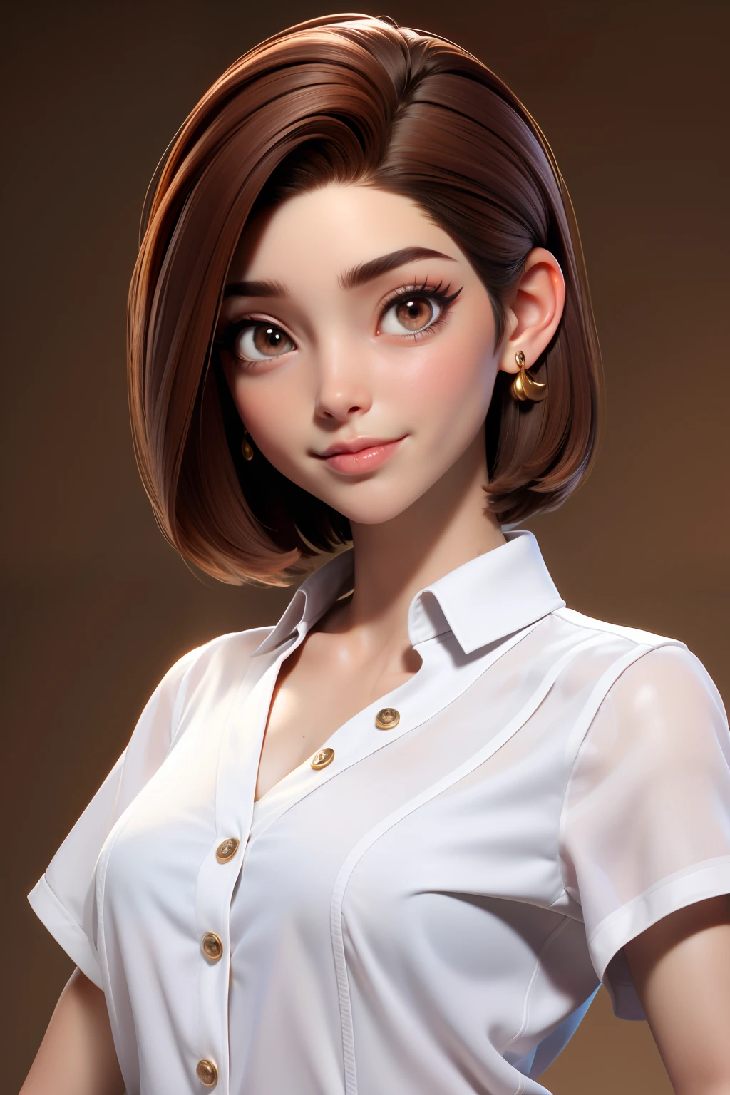 master part, best quality, 1st grade, olhos castanhos, pele clara, brown hair, cabelos undercut, short hair,2 white strands on the front, Brincos, jewelries, yoga, Camisa comprida, fundo simples, sozinho, corpo todo